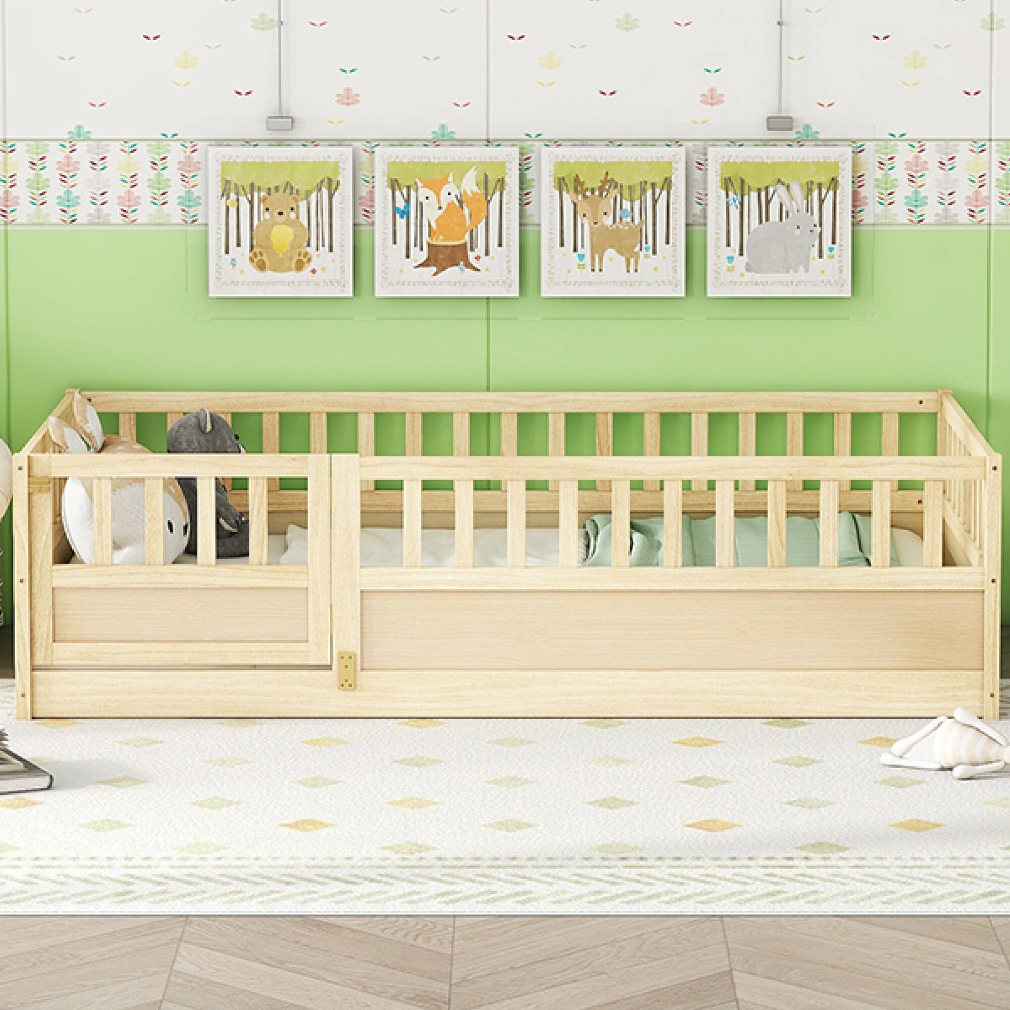 Left. GOODSILO - Twin Size Floor Bed with Safety Barrier and Door for Children, Montessori Inspired Wooden Frame - Natural Wood.