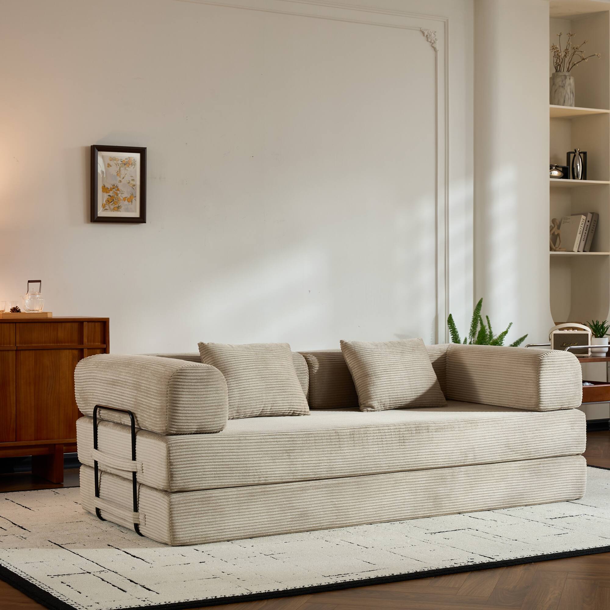 Alt View 6. GOODSILO - Convertible Sleeper Sofa in Cylindroy Fabric | Features a Cylindrical Pillow & Space-Saving Foldable Design - Beige.