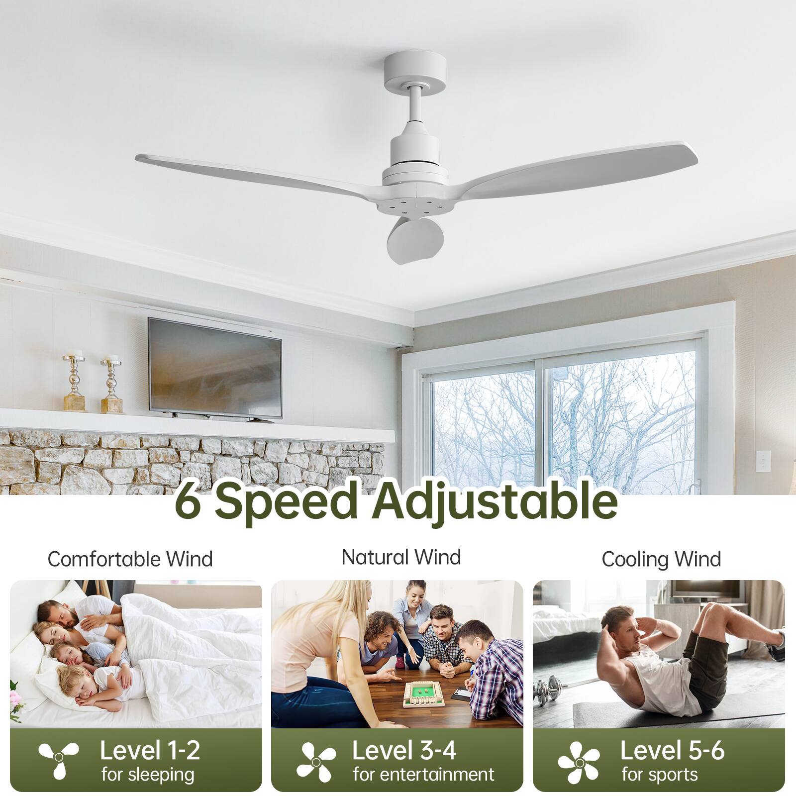 6 Speed Adjustable

Comfortable Wind  
Level 1-2 for sleeping

Natural Wind  
Level 3-4 for entertainment

Cooling Wind  
Level 5-6 for sports