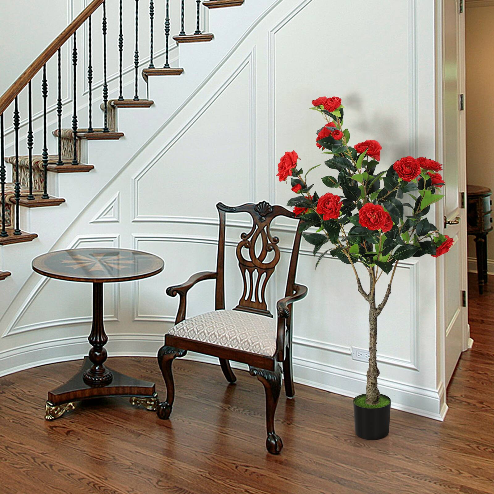 Alt View 1. Oumilen - 2 Pack Artificial Red Camellia Tree in Black Pot - Red.