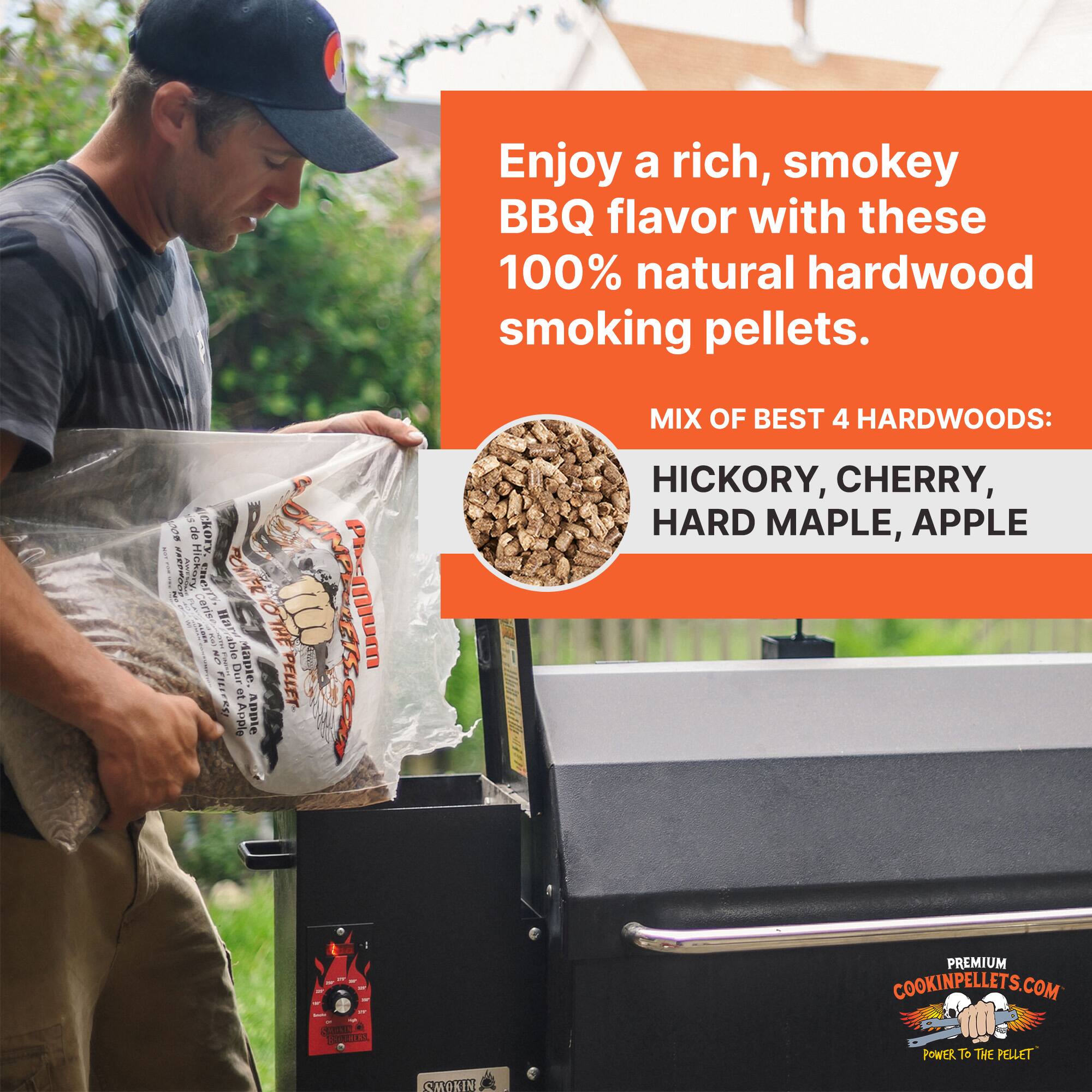 Enjoy a rich, smokey BBQ flavor with these 100% natural hardwood smoking pellets. MIX OF BEST 4 HARDWOODS: HICKORY, CHERRY, HARD MAPLE, APPLE. PREMIUM COOKINPELLETS.COM POWER TO THE PELLET