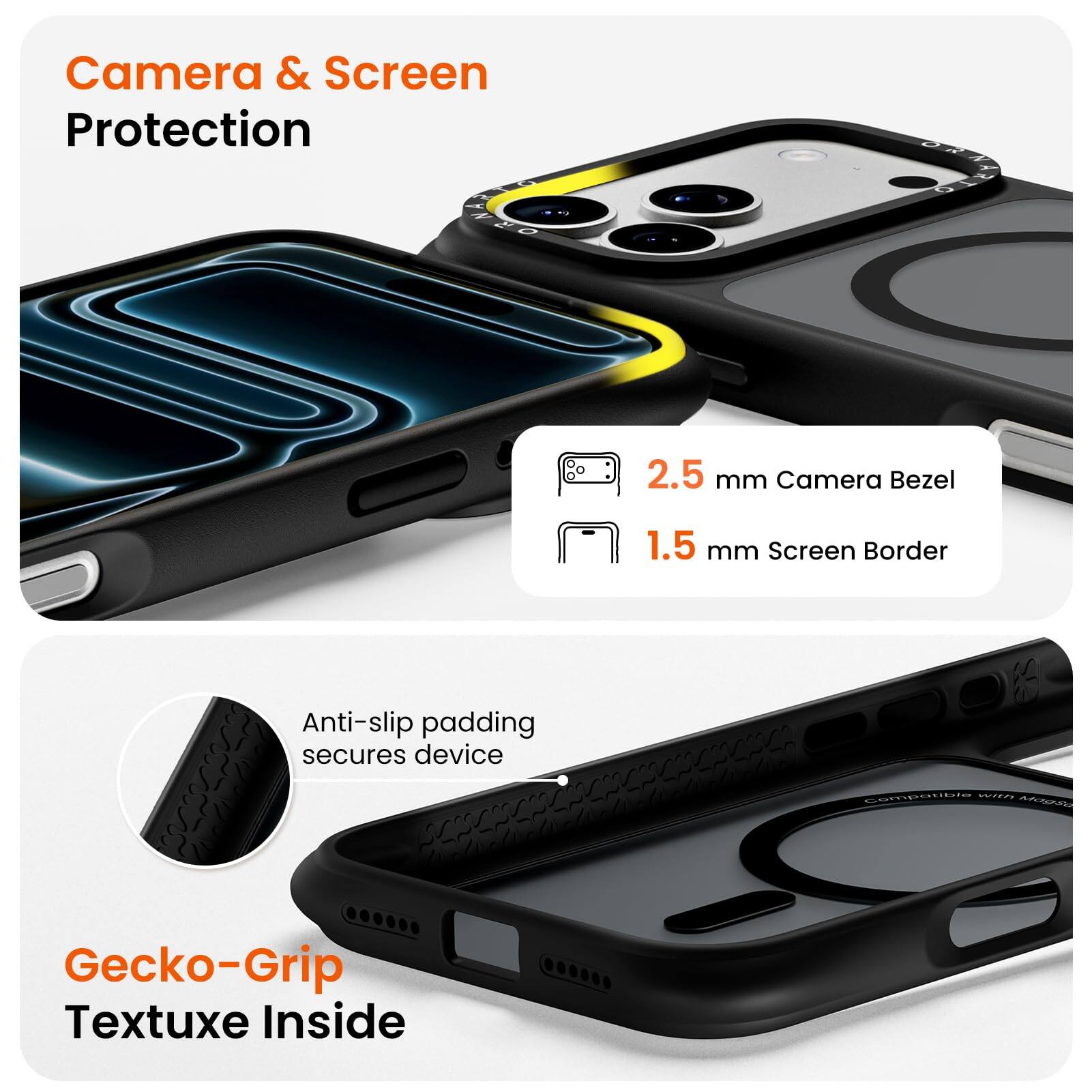 Camera & Screen Protection  
2.5 mm Camera Bezel  
1.5 mm Screen Border  
Anti-slip padding secures device  
Gecko-Grip Textuxe Inside