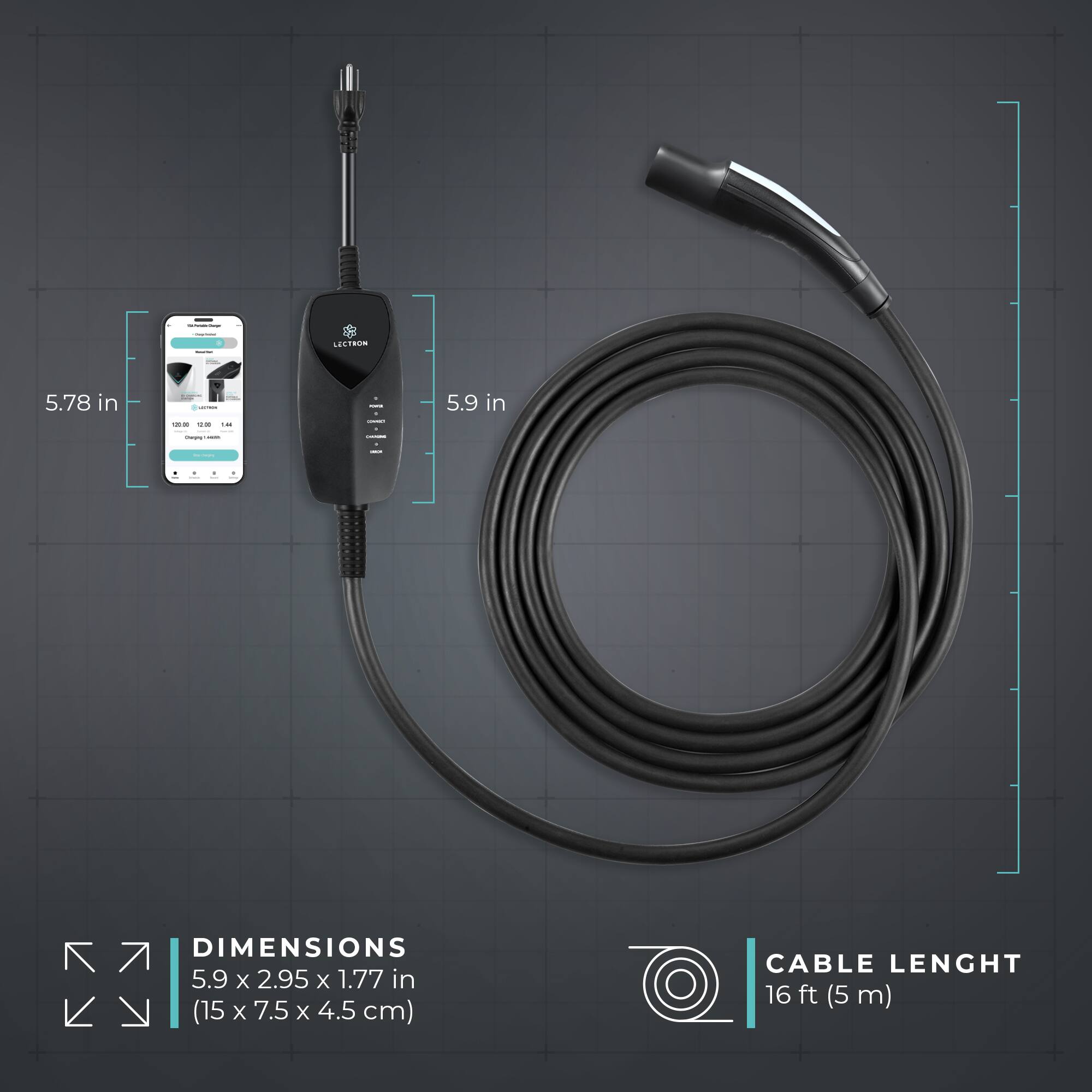 The image features a black microphone and a black wire, with the microphone being 5.78 inches long and the wire being 16 feet long. The dimensions of the microphone are 5.9 x 2.95 x 1.77 inches, and the cable length is 16 feet.