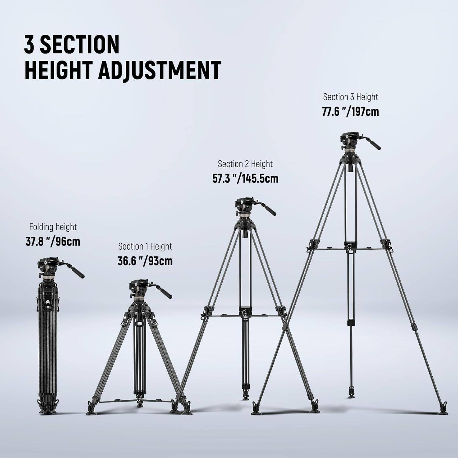 3 SECTION HEIGHT ADJUSTMENT

- Section 1 Height: 36.6" / 93cm
- Section 2 Height: 57.3" / 145.5cm
- Section 3 Height: 77.6" / 197cm
- Folding height: 37.8" / 96cm