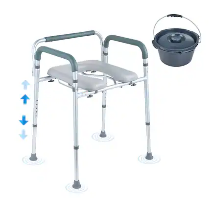 Front. VEVOR - Commode Chair, Bedside Commode with Padded Seat and Arms, 7-Level Adjustable Height, 5.8L Removable Bucket - White.