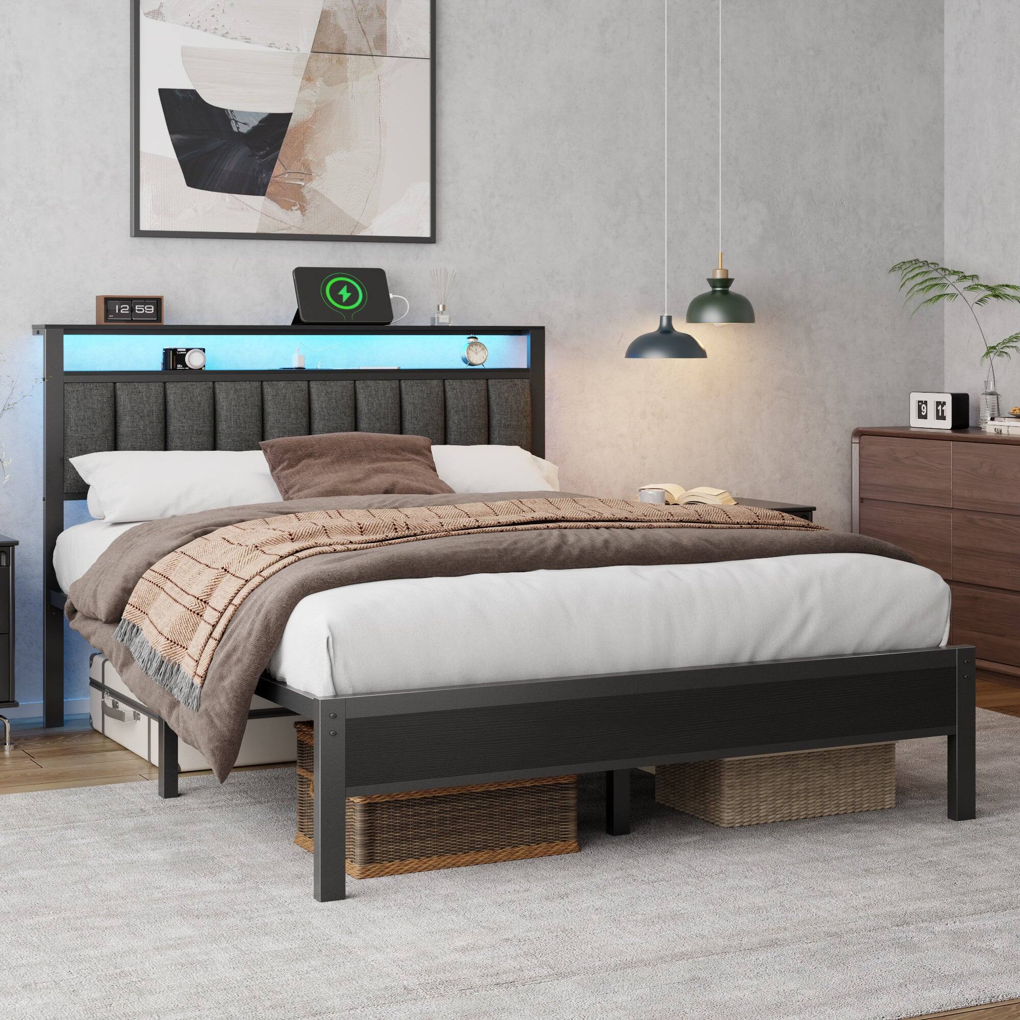 Front. Furnulem - Bed Frame with Charging Station LED Lights Upholstered Headboard 2-Tier Storage Shelve - Black.