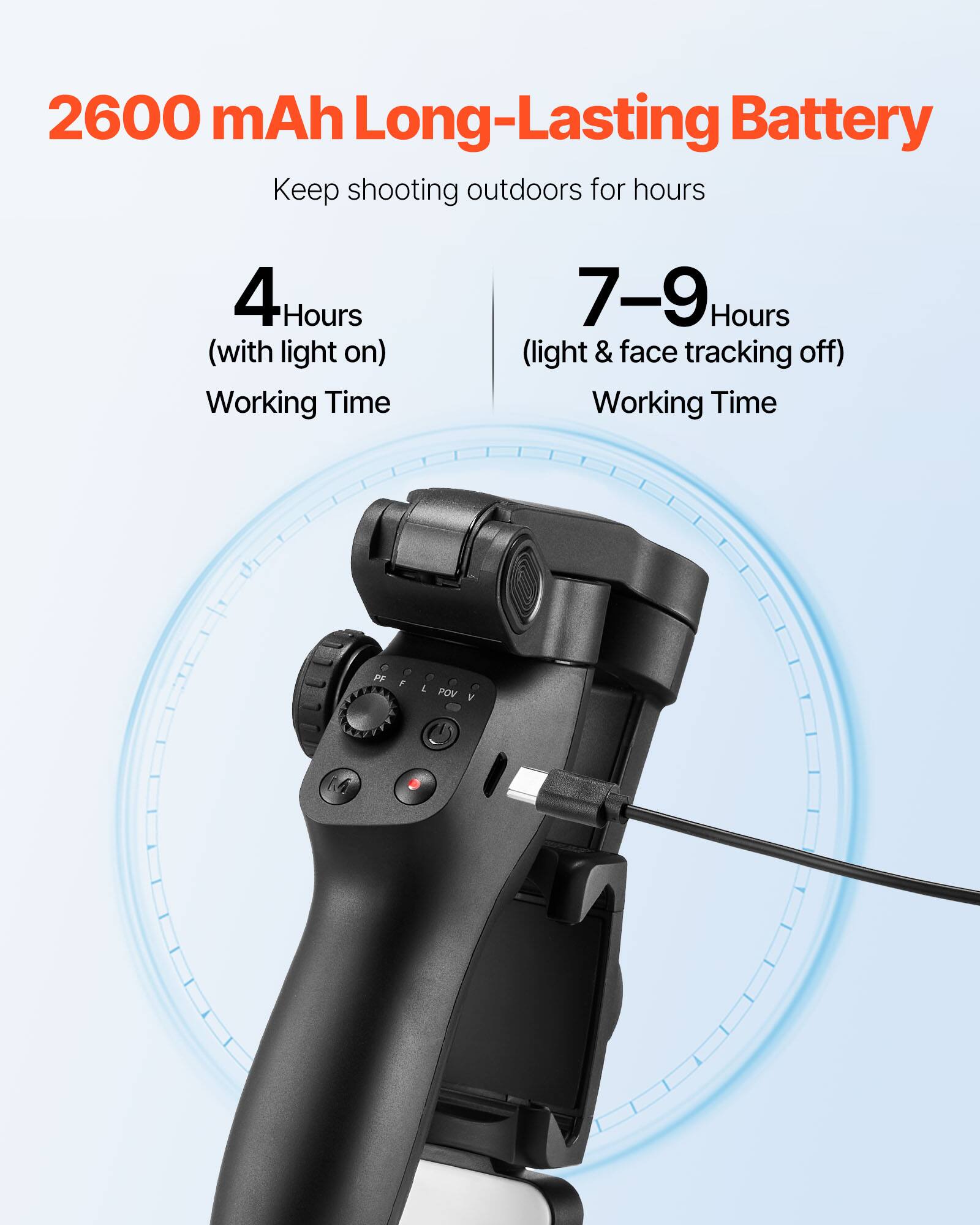2600 mAh Long-Lasting Battery  
Keep shooting outdoors for hours  

4 Hours (with light on)  
Working Time  

7-9 Hours (light & face tracking off)  
Working Time