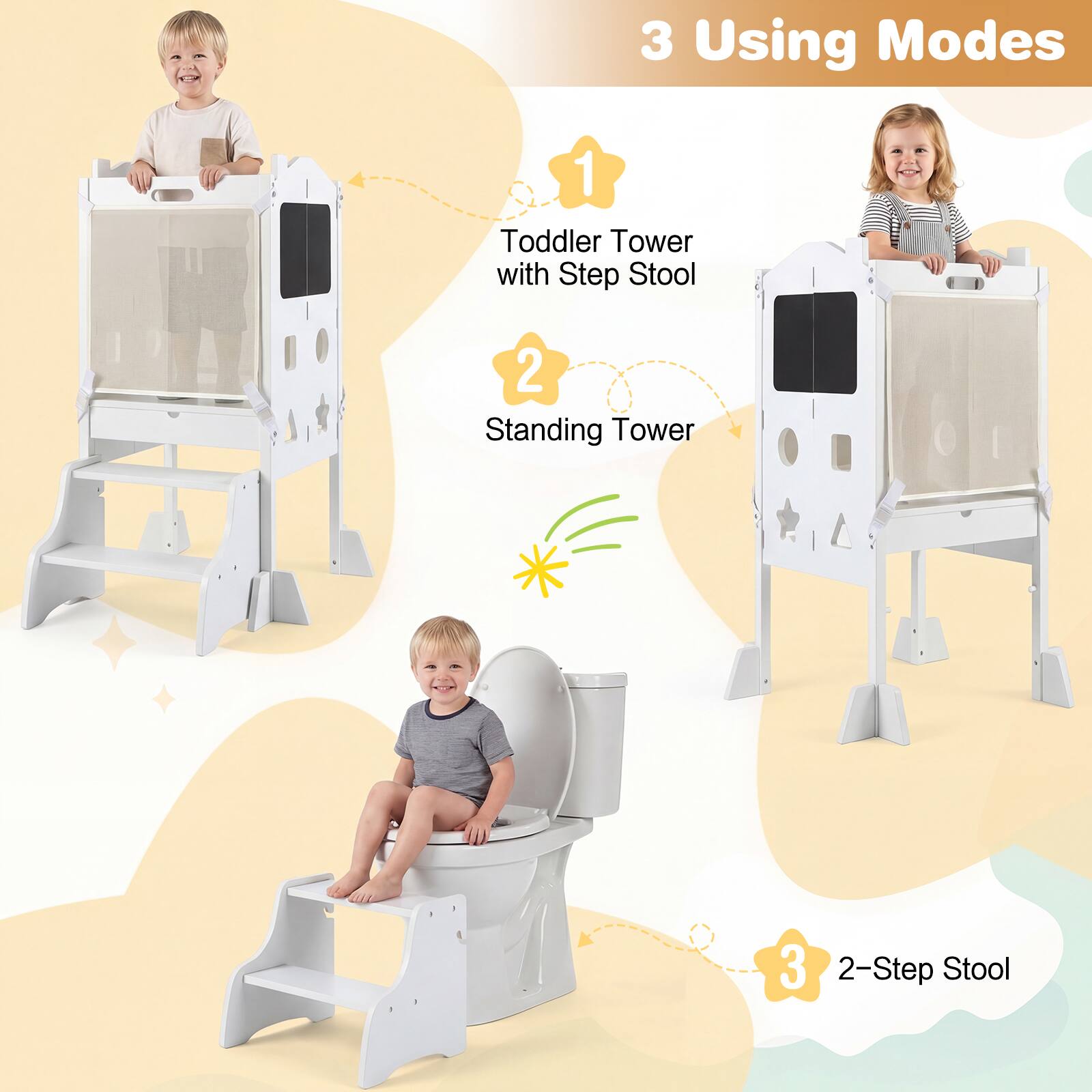 3 Using Modes  
1 Toddler Tower with Step Stool  
2 Standing Tower  
3 2-Step Stool