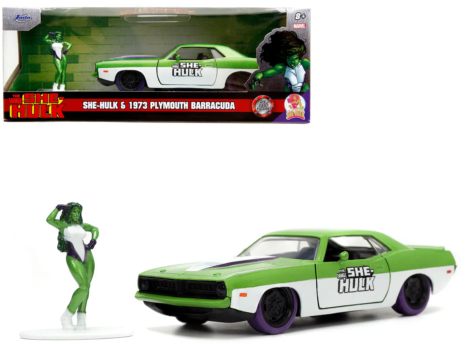 Jada - 1973 Plymouth Barracuda 1/32 Diecast Green & White with She-Hulk Figure "The Savage She-Hulk" "Hollywood Rides" - Green Metallic And White