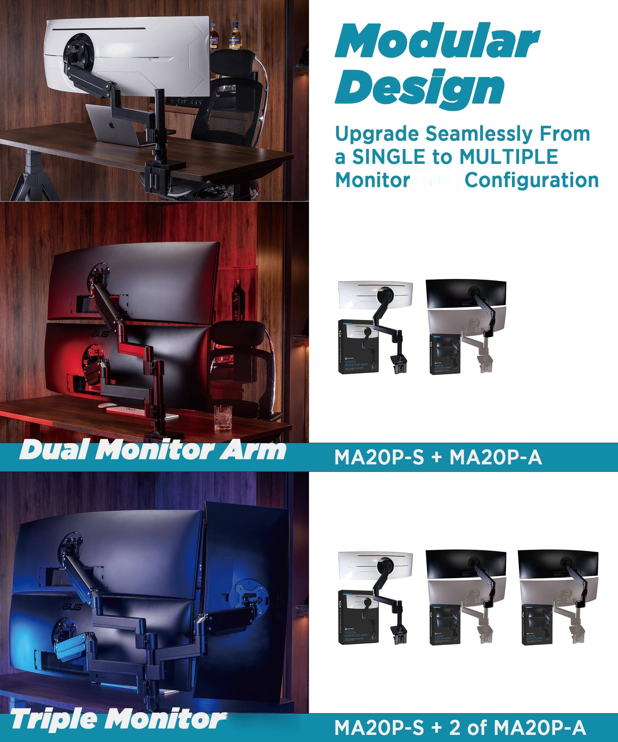 Modular Design  
Upgrade Seamlessly From a SINGLE to MULTIPLE Monitor Configuration  

Dual Monitor Arm  
MA20P-S + MA20P-A  

Triple Monitor  
MA20P-S + 2 of MA20P-A