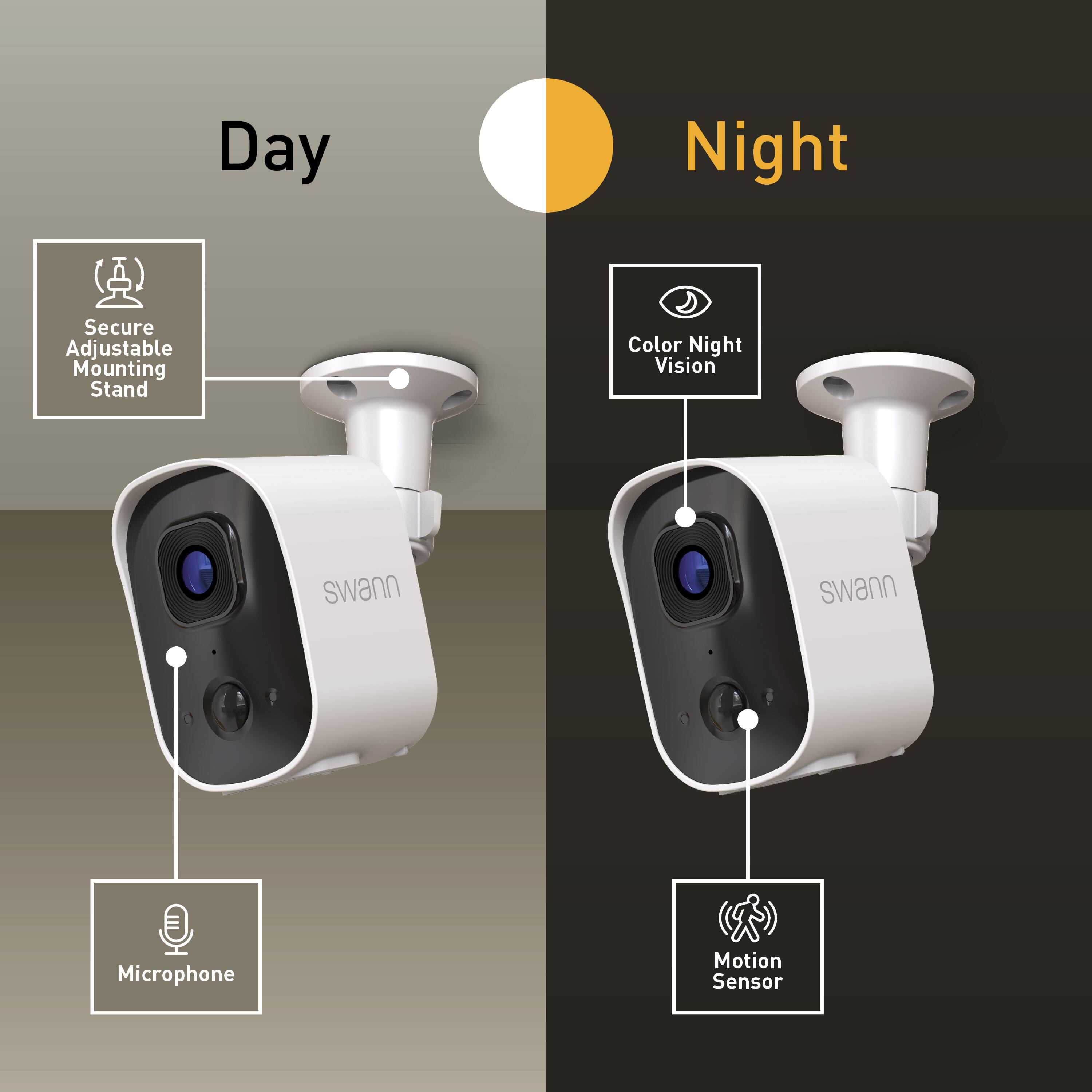 Day: Secure Adjustable Mounting Stand, Microphone
Night: Color Night Vision, Motion Sensor, swann, swann