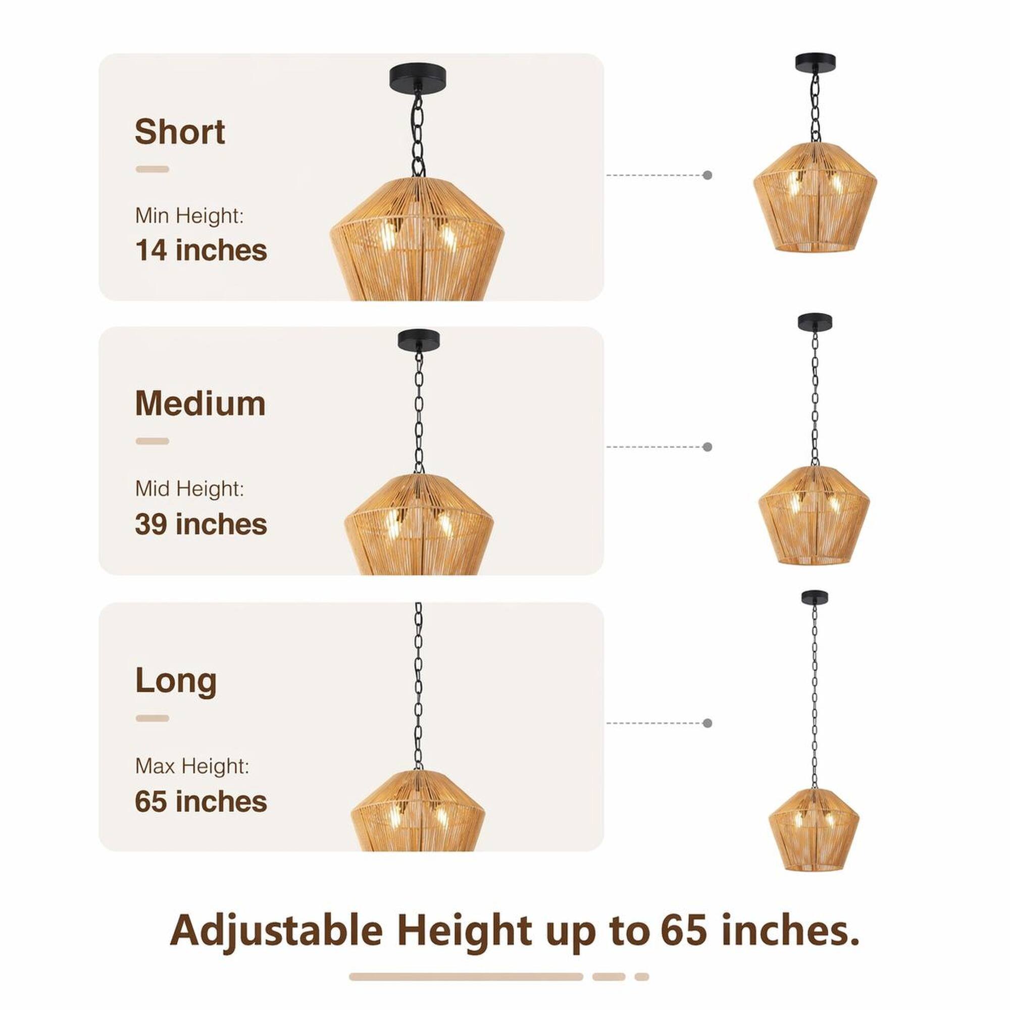 Short  
Min Height: 14 inches  
Medium  
Mid Height: 39 inches  
Long  
Max Height: 65 inches  
Adjustable Height up to 65 inches.