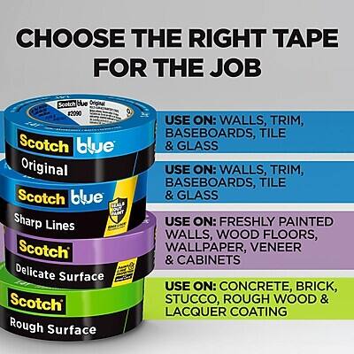 CHOOSE THE RIGHT TAPE FOR THE JOB

Scotch Blue Original #2090
USE ON: WALLS, TRIM, BASEBOARDS, TILE & GLASS

Scotch Blue Sharp Lines
USE ON: WALLS, TRIM, BASEBOARDS, TILE & GLASS

Scotch Delicate Surface
USE ON: FRESHLY PAINTED WALLS, WOOD FLOORS, WALLPAPER, VENEER & CABINETS

Scotch Rough Surface
USE ON: CONCRETE, BRICK, STUCCO, ROUGH WOOD & LACQUER COATING