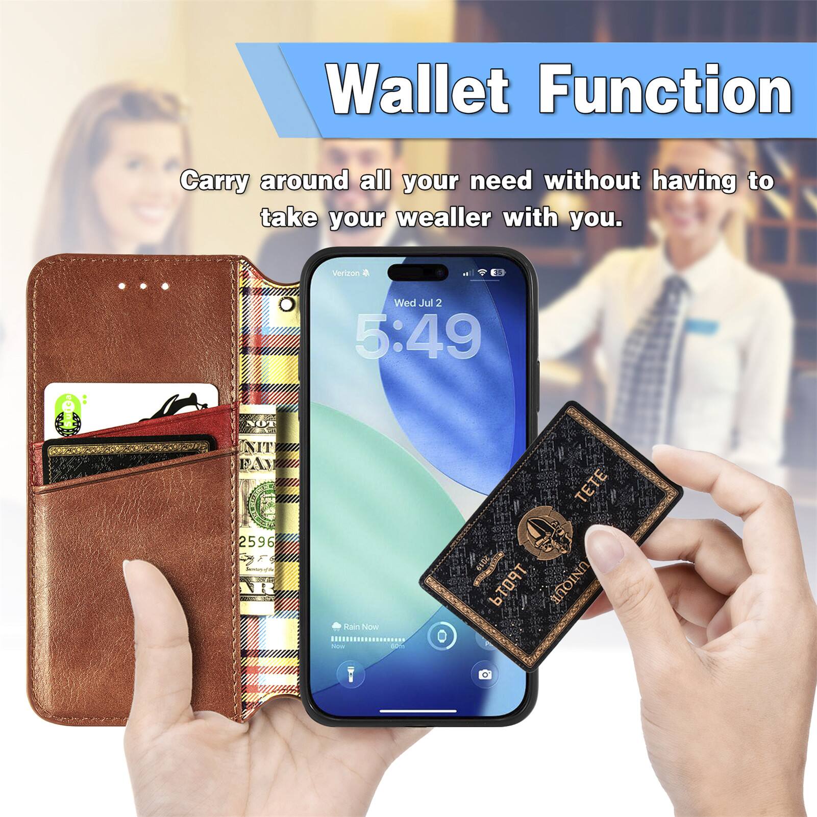 Wallet Function  
Carry around all your need without having to take your wallet with you.  

Verizon  
Wed Jul 2 5:49  

NOT NIT FAM  
5M  

TETE 2596 - 1  

AR Rain Now  

Nm adide O 2019 b9 UNIQUE O