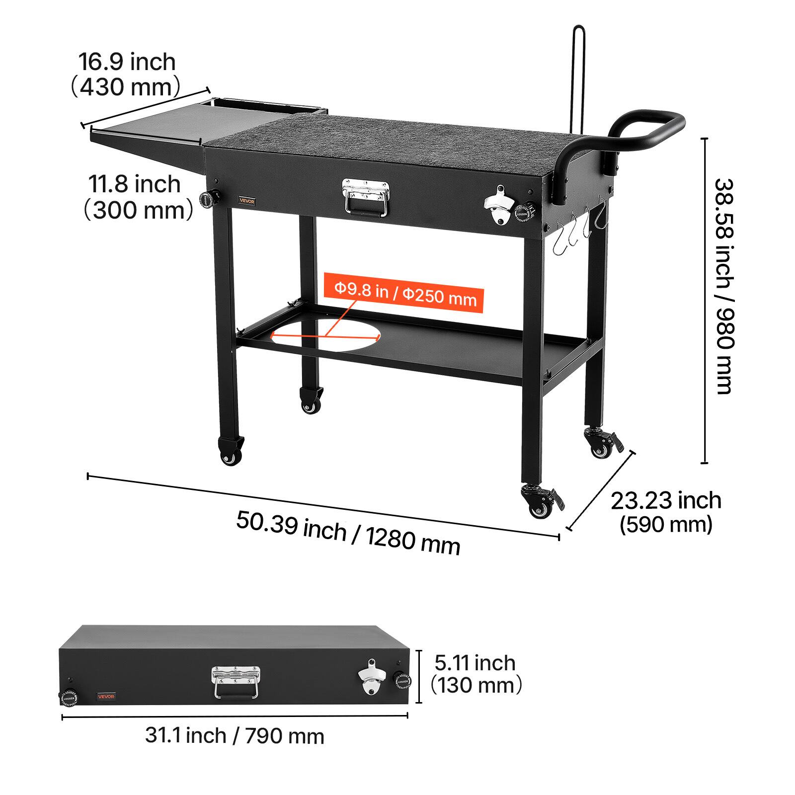 16.9 inch (430 mm)  
11.8 inch (300 mm)  
9.8 in / 250 mm  
38.58 inch / 980 mm  
50.39 inch / 1280 mm  
23.23 inch (590 mm)  
5.11 inch (130 mm)  
31.1 inch / 790 mm