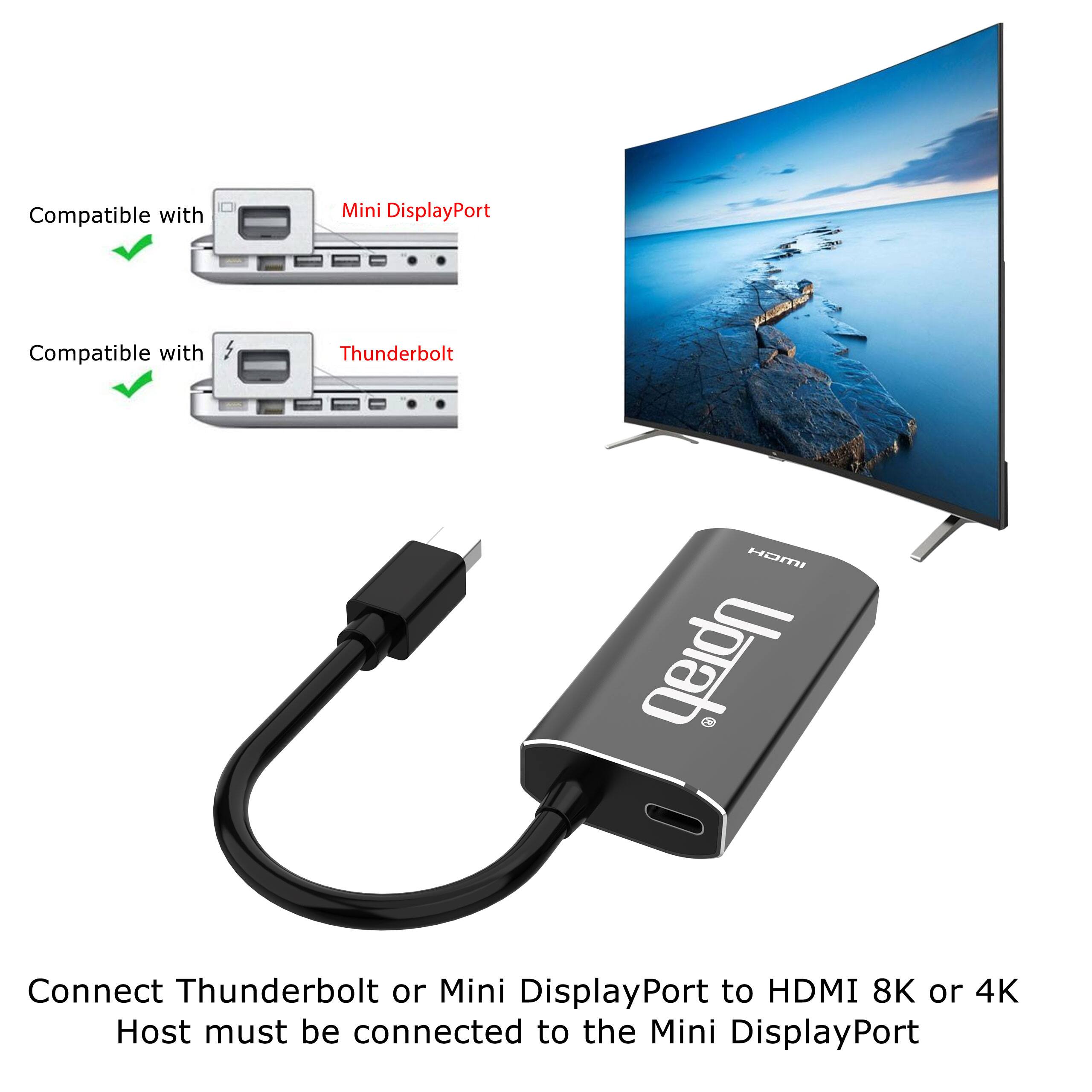 Compatible with Mini DisplayPort  
Compatible with Thunderbolt  

Connect Thunderbolt or Mini DisplayPort to HDMI 8K or 4K  
Host must be connected to the Mini DisplayPort