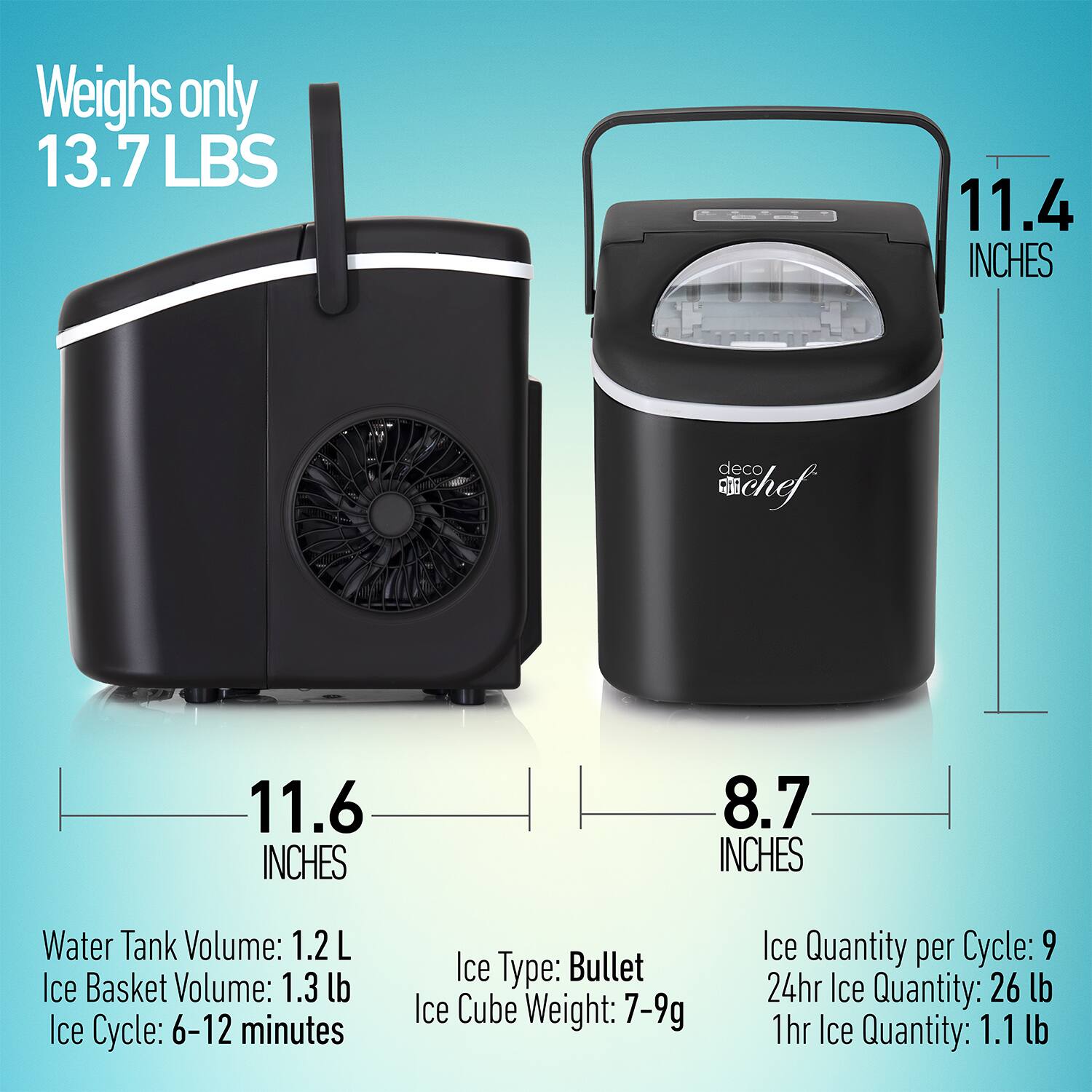 - Weighs only 13.7 LBS
- 11.4 INCHES
- 11.6 INCHES
- 8.7 INCHES

Water Tank Volume: 1.2 L  
Ice Basket Volume: 1.3 lb  
Ice Cycle: 6-12 minutes  

Ice Type: Bullet  
Ice Cube Weight: 7-9g  
Ice Quantity per Cycle: 9  
24hr Ice Quantity: 26 lb  
1hr Ice Quantity: 1.1 lb
