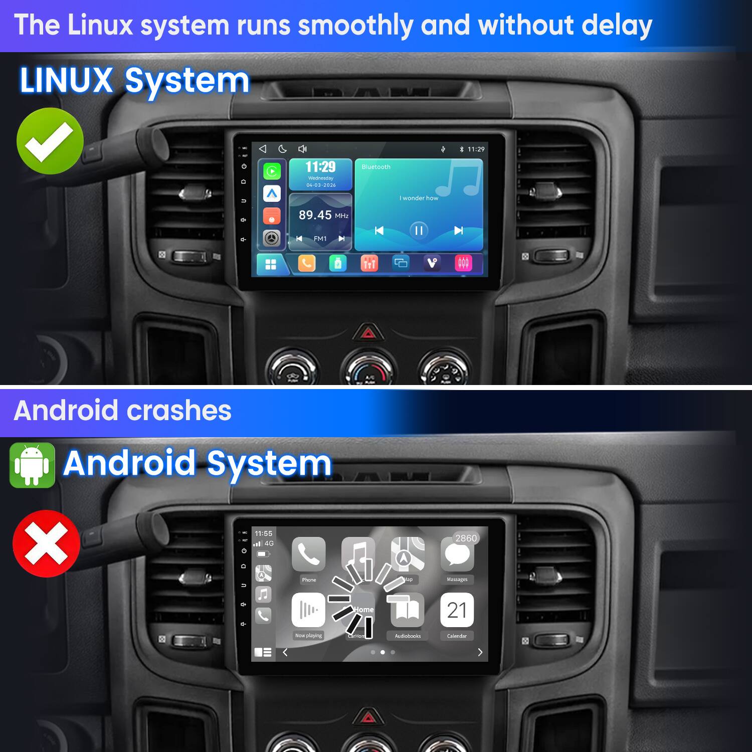 The Linux system runs smoothly and without delay  
LINUX System  
11:29  
11:29 Wednesday 04-03-2026  
Bluetooth  
89.45 MHz FM1  
I wonder how  
Android crashes  
Android System  
11:55  
4G  
0 0 A Phone  
2860 Messages  
Home  
21  
for playing  
Audiobooks  
Calendar