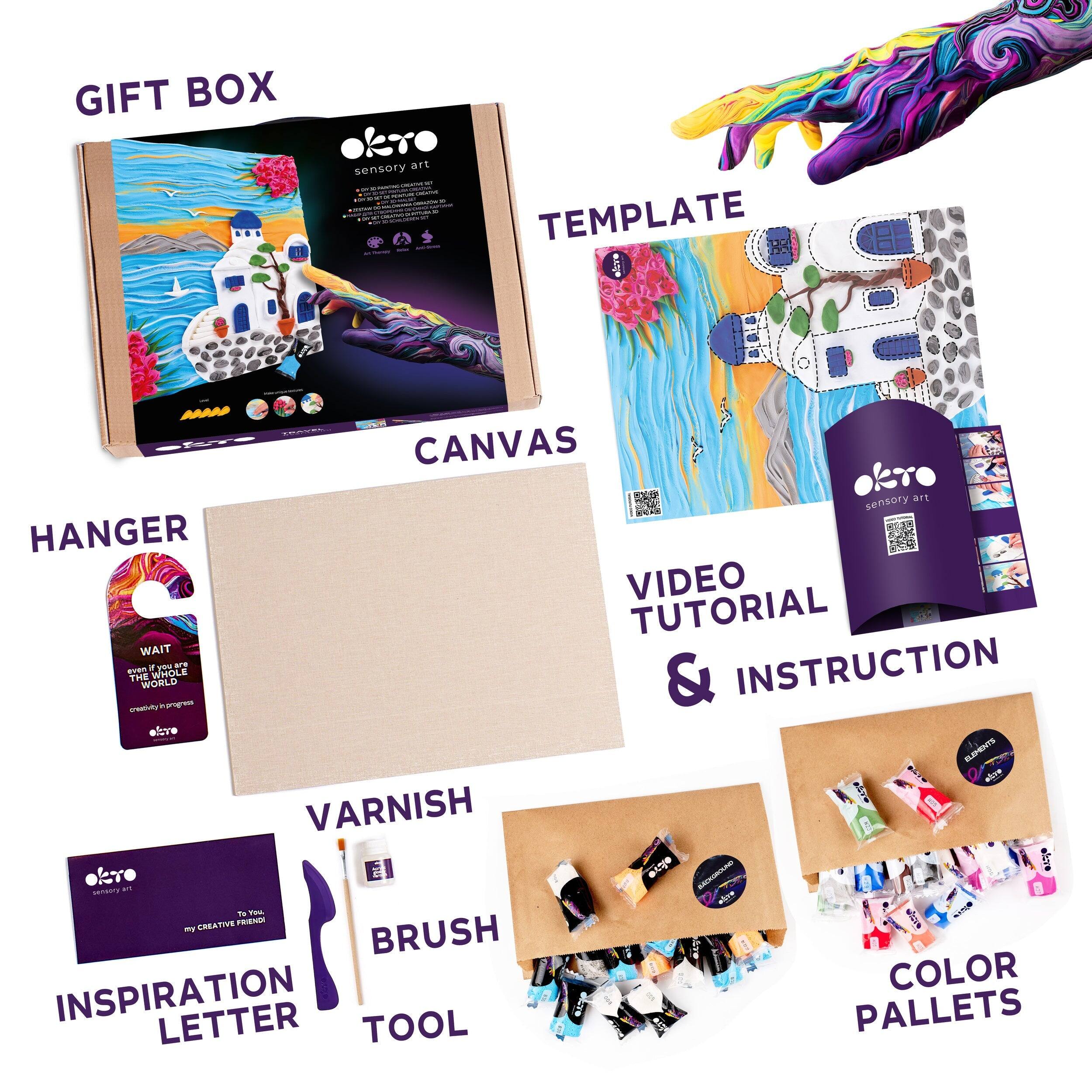 GIFT BOX  
TEMPLATE  
CANVAS  
HANGER  
VIDEO TUTORIAL & INSTRUCTION  
VARNISH  
BRUSH  
INSPIRATION LETTER  
COLOR PALLETS  
TOOL