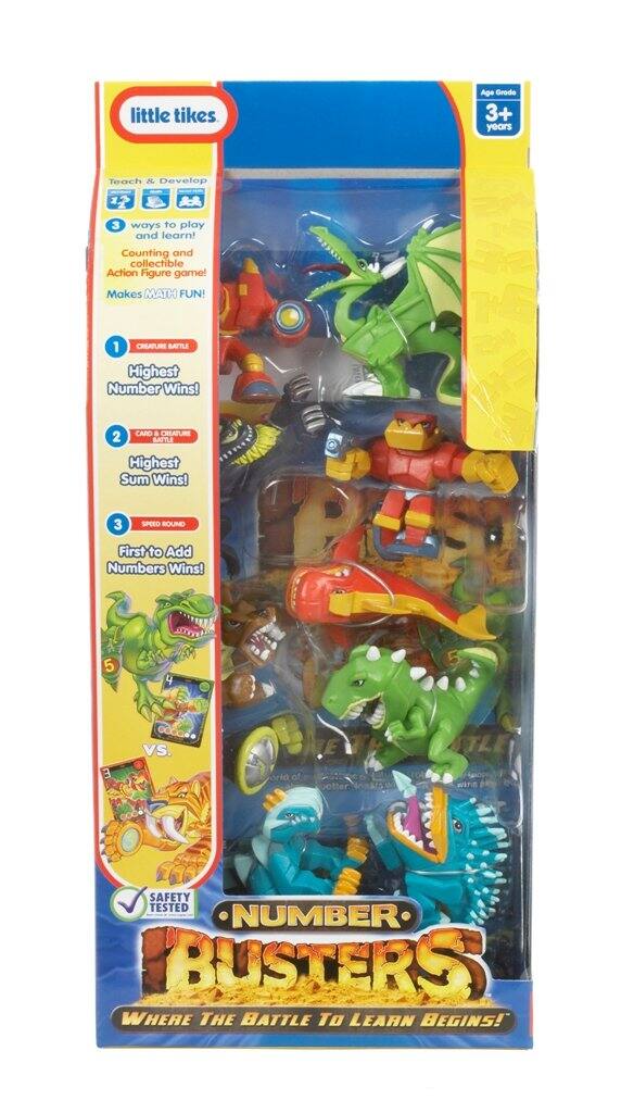 Little Tikes  
Age Grade: 3+ years  

Teach & Develop  
3 ways to play and learn!  
Counting and collectible Action Figure game!  
Makes MATH FUN!  

1. CREATURE BATTLE  
Highest Number Wins!  

2. CARD & CREATURE BATTLE  
Highest Sum Wins!  

3. SPEED ROUND  
First to Add Numbers Wins!  

5 vs. 4  
AR 5 E vs. bio  

SAFETY TESTED  
NUMBER BUSTERS  
WHERE THE BATTLE TO LEARN BEGINS!