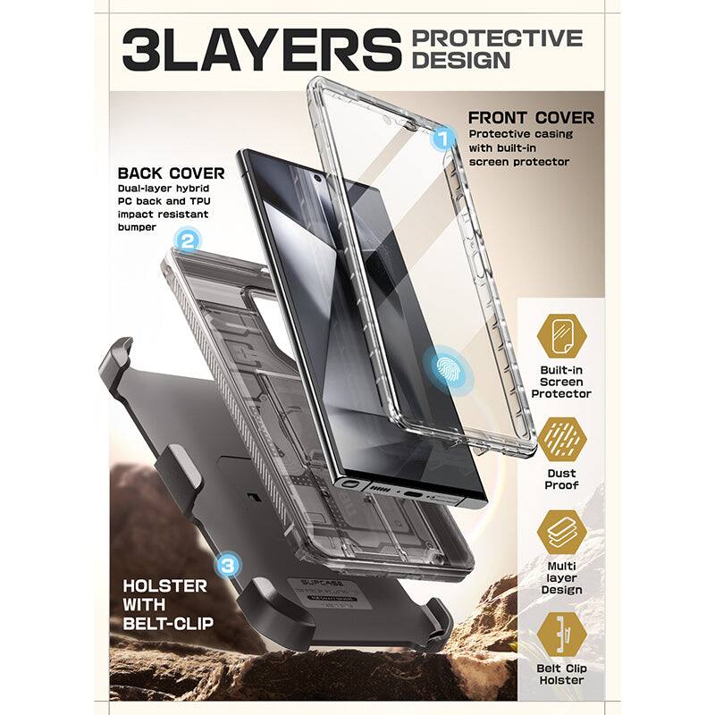 3LAYERS PROTECTIVE DESIGN

BACK COVER
Dual-layer hybrid PC back and TPU impact resistant bumper

FRONT COVER
Protective casing with built-in screen protector

HOLSTER WITH BELT-CLIP
Multi layer Design Belt Clip Holster

Built-in Screen Protector
Dust Proof
Multi layer Design
Belt Clip Holster