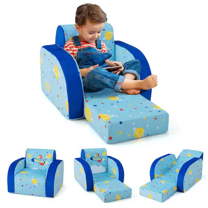 Front. Costway - Costway 3-in-1 Convertible Kid's Sofa Multifunctional Flip-out Lounger Bed Armchair - Blue.
