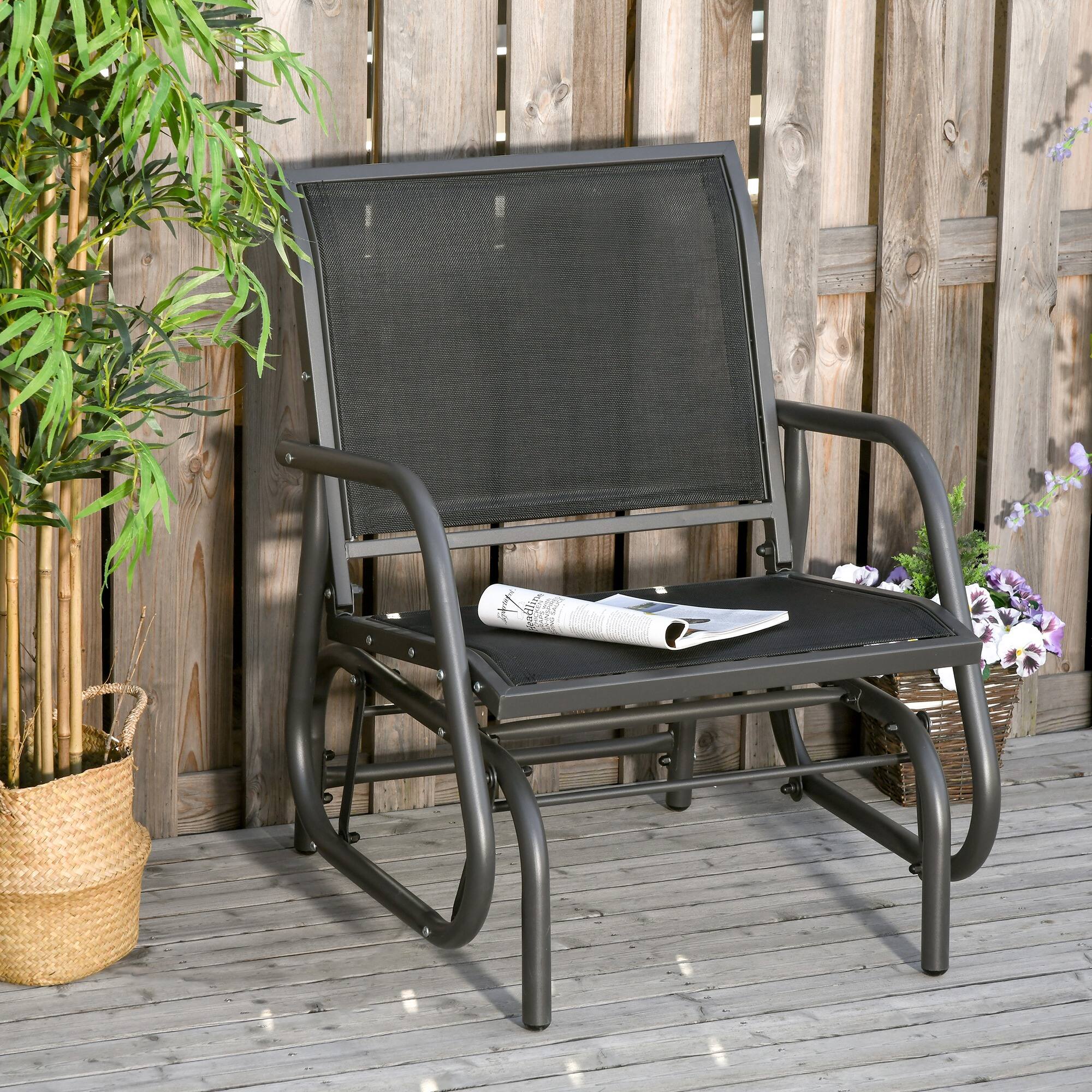 Alt View 1. Outsunny - Porch Glider, Metal Frame Swing Glider Chair with Breathable Mesh Fabric, Steel Frame and Curved Armrests for Garden - Black.
