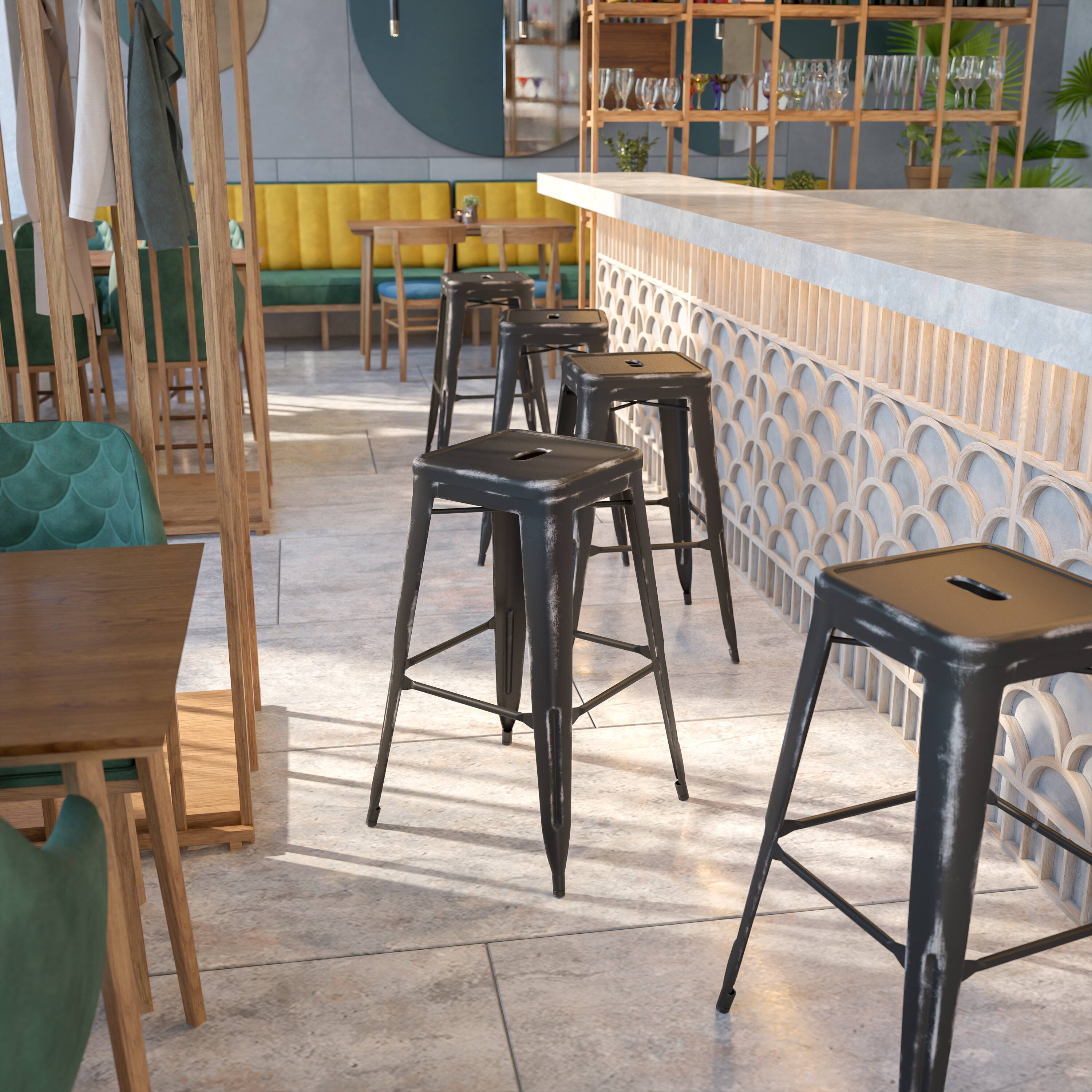 Alt View 1. Emma + Oliver - Commercial Grade 30"H Backless Distressed Colorful Metal Indoor-Outdoor Barstool - Black.
