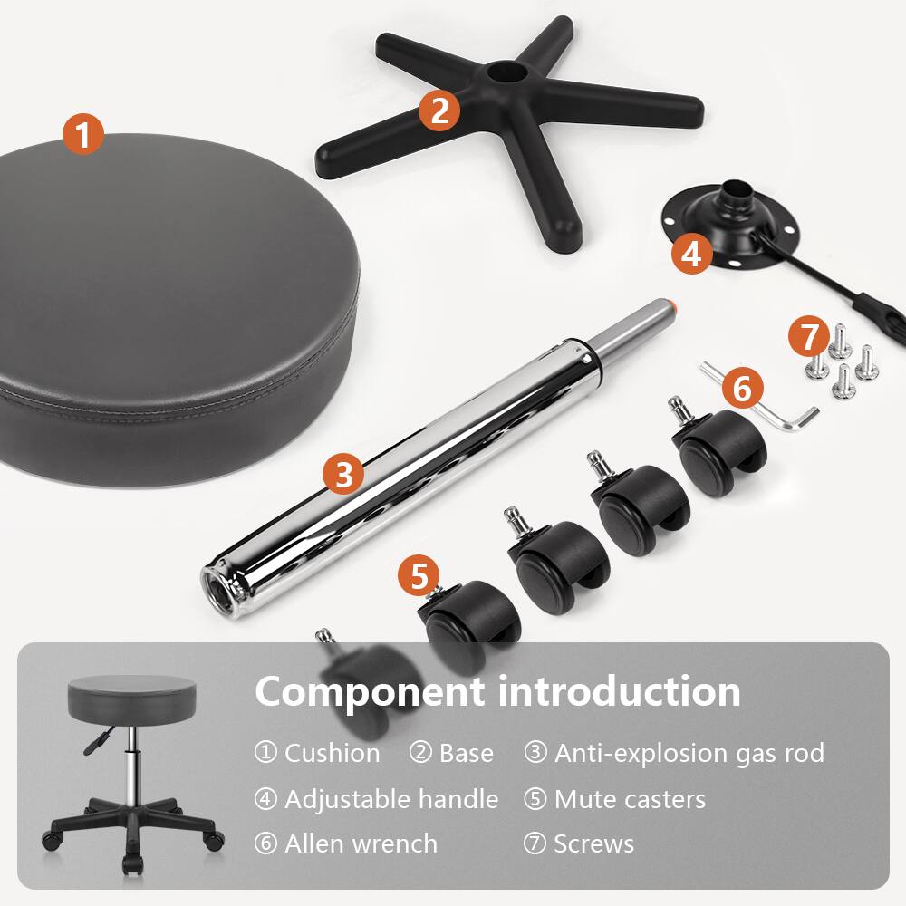 1. Cushion  
2. Base  
3. Anti-explosion gas rod  
4. Adjustable handle  
5. Mute casters  
6. Allen wrench  
7. Screws  

Component introduction  
1. Cushion  
2. Base  
3. Anti-explosion gas rod  
4. Adjustable handle  
5. Mute casters  
6. Allen wrench  
7. Screws
