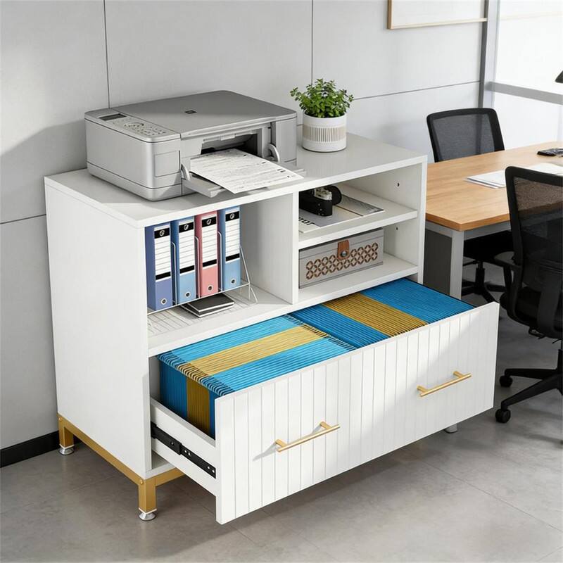 Alt View 1. HTUTWOO - Practical File Cabinet - Adjustable Hanging Rod Storage with Open Shelves,Multi-Purpose Printer Stand,Stable Metal Frame - Gold+White.