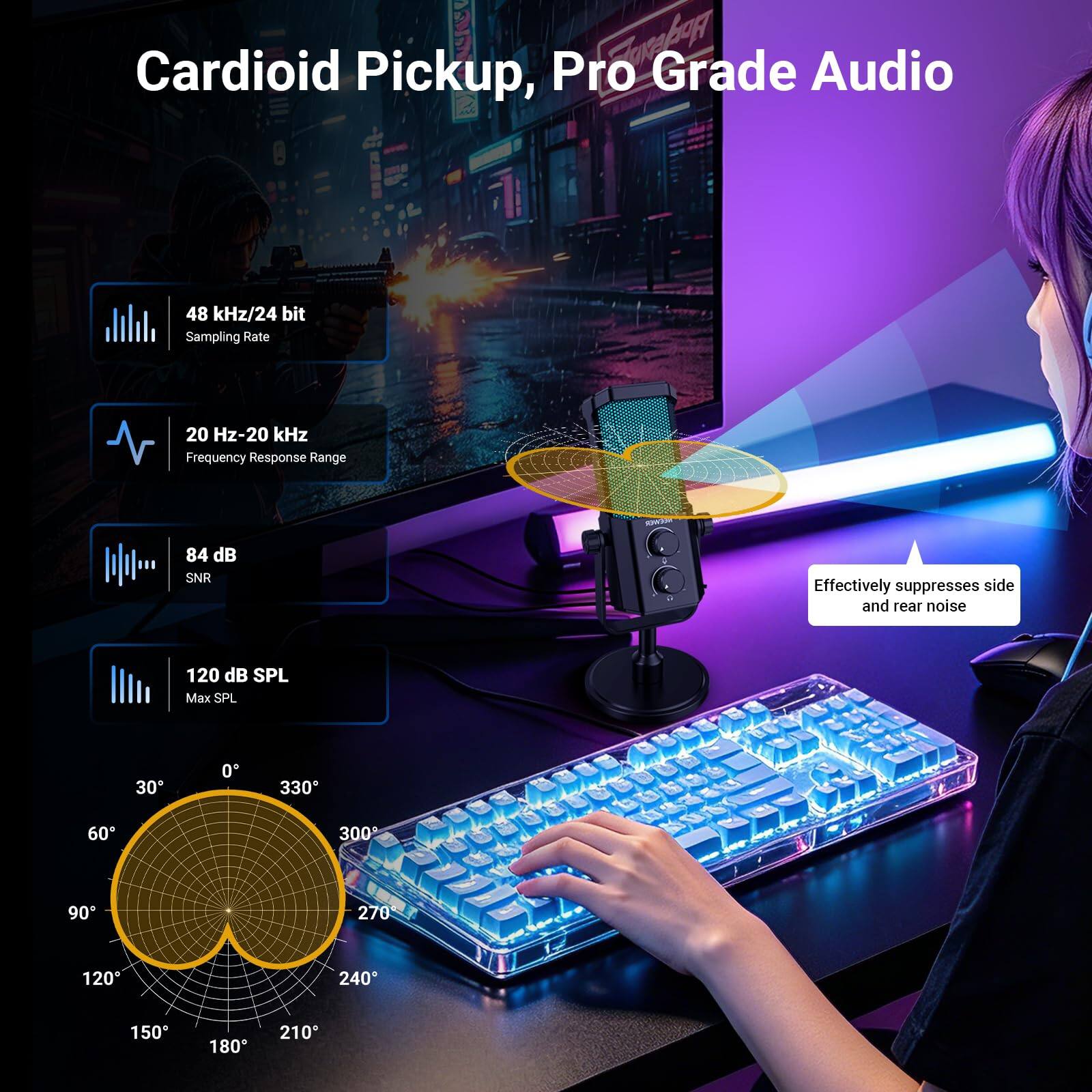 Neewer UM01 PRO AI Noise Canceling USB RGB Podcast Mic, Black, Cardioid ...