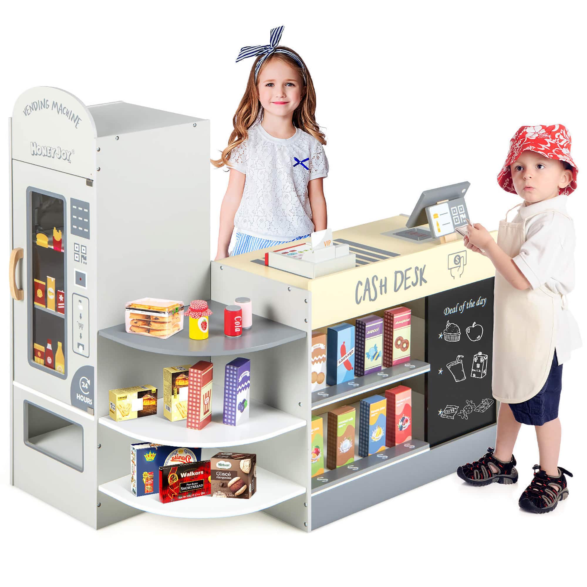 Gymax - Kids Wooden Grocery Store Playset w/ Realistic Checkout Counter Vending Machine - Gray