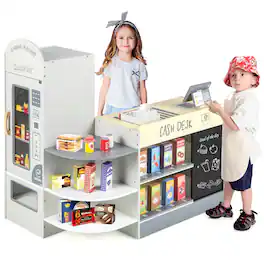 Gymax - Kids Wooden Grocery Store Playset w/ Realistic Checkout Counter Vending Machine - Gray