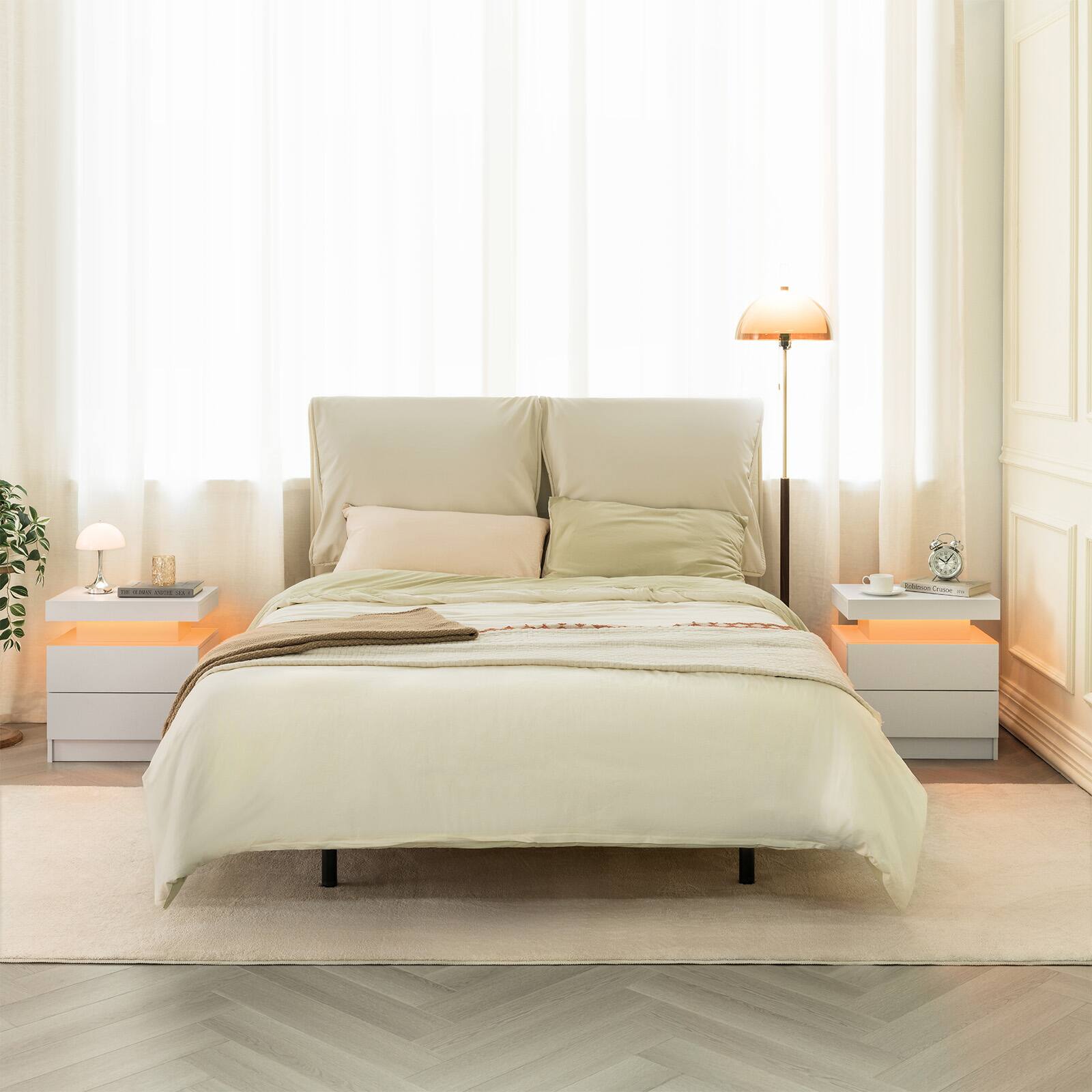 Alt View 4. Ecooso - Elegant Velvet Nightstand, 2-Drawer Bedside Table with Crystal Handles, Tufted Storage Cabinet for Bedroom - White.