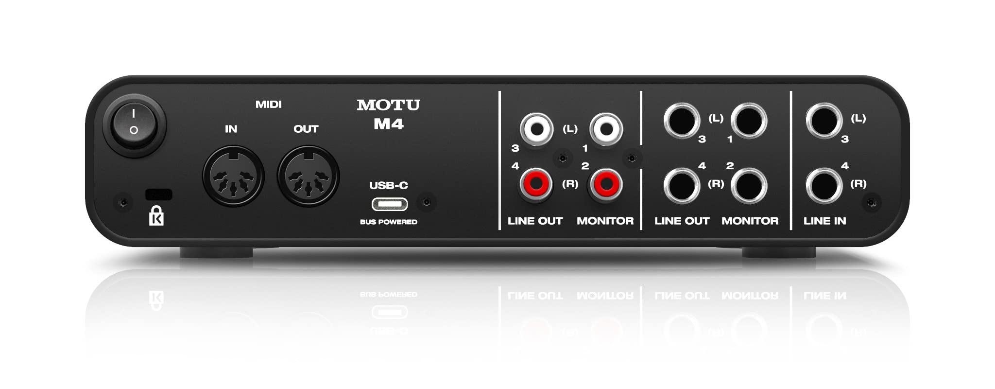 MOTU M4

MIDI IN OUT

USB-C BUS POWERED

LINE OUT 1 (L) 3 (L) 4 (L) 2 (R) 4 (R) 3 (R) 1 (R)

MONITOR LINE OUT 1 (L) 3 (L) 4 (L) 2 (R) 4 (R) 3 (R) 1 (R)

LINE IN 1 (L) 3 (L) 4 (L) 2 (R) 4 (R) 3 (R) 1 (R)