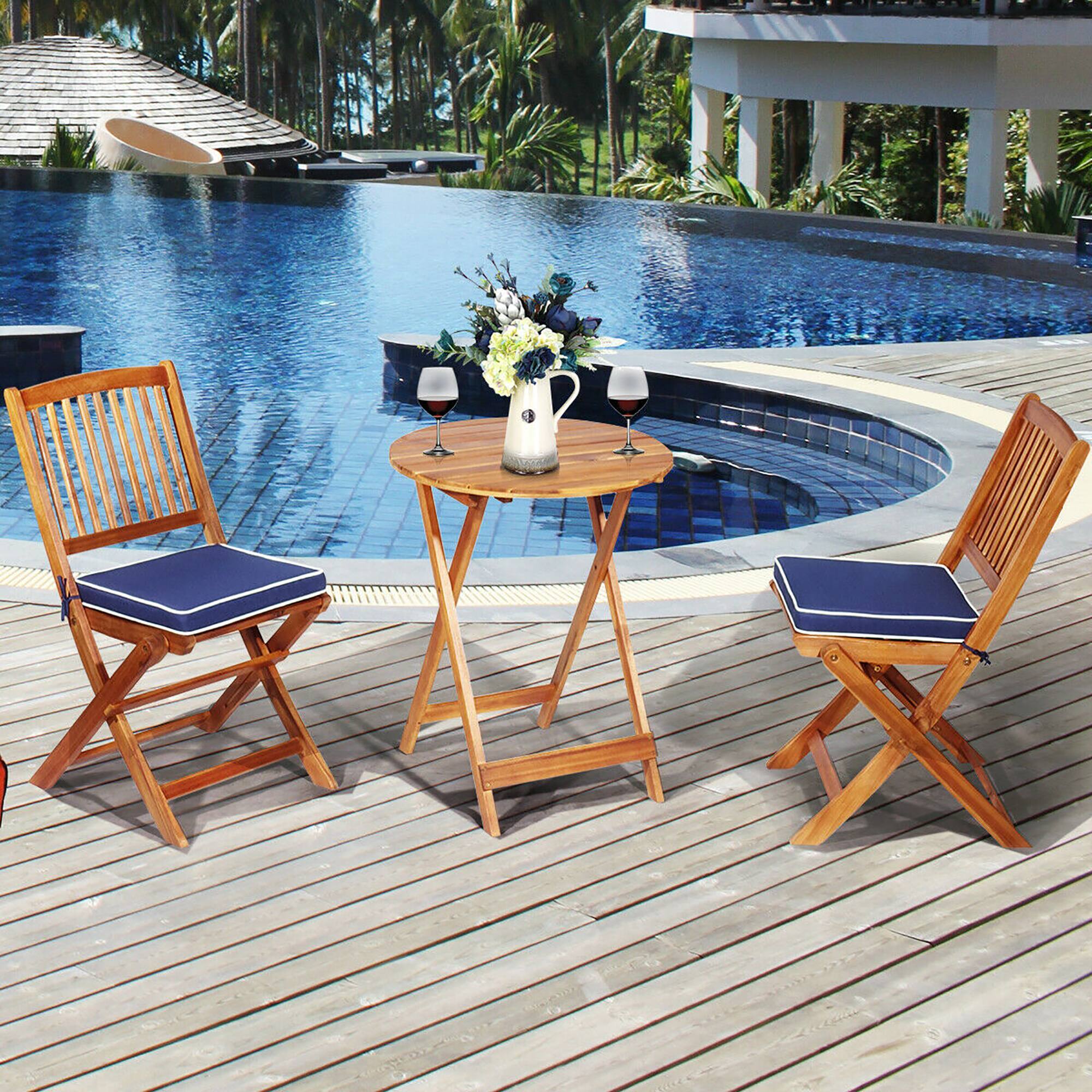 Alt View 1. Costway - Costway 3PCS Patio Folding Wooden Bistro Set Cushioned Chair Conversation Navy Cushion - Navy.