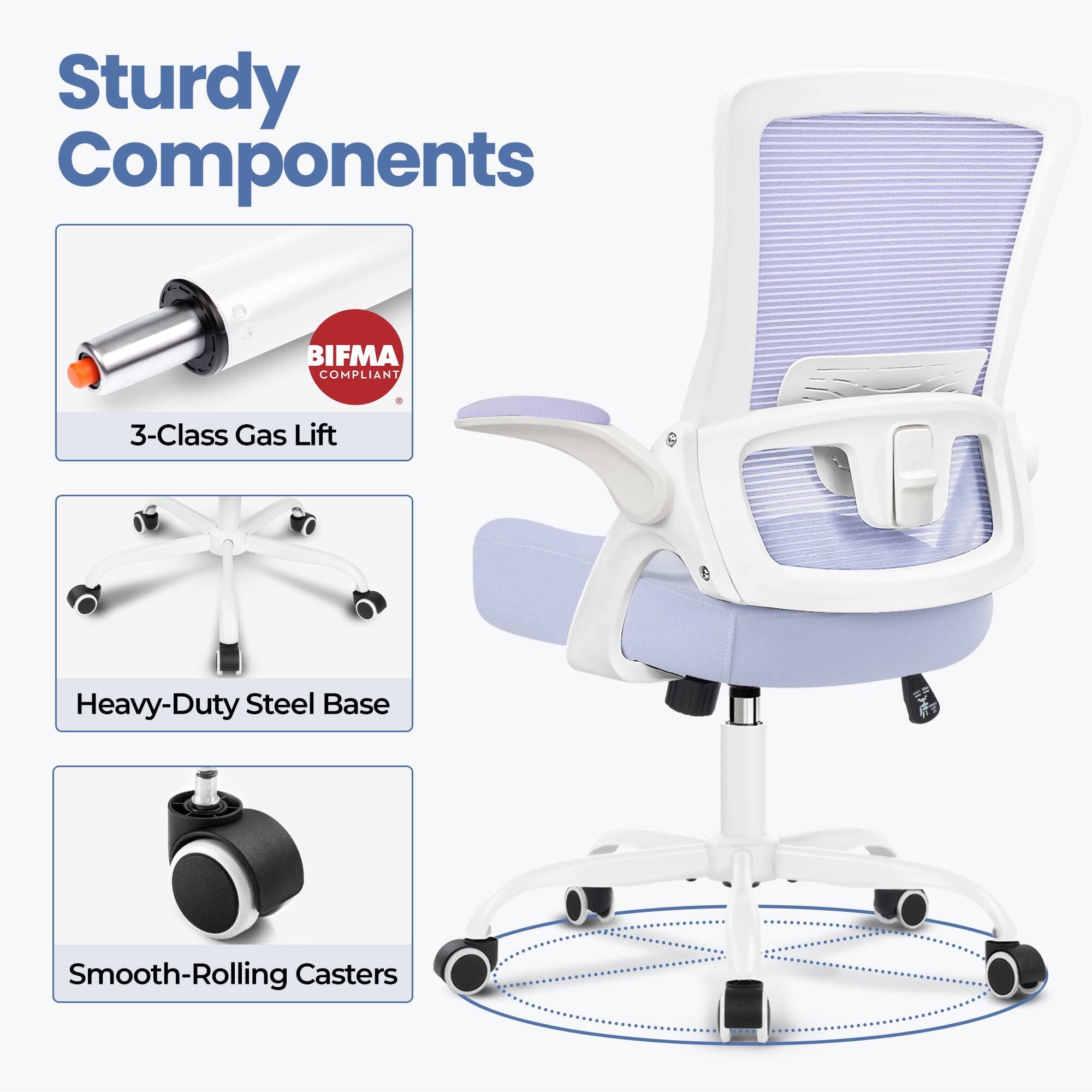 Sturdy Components  
BIFMA COMPLIANT  
3-Class Gas Lift  
Heavy-Duty Steel Base  
Smooth-Rolling Casters