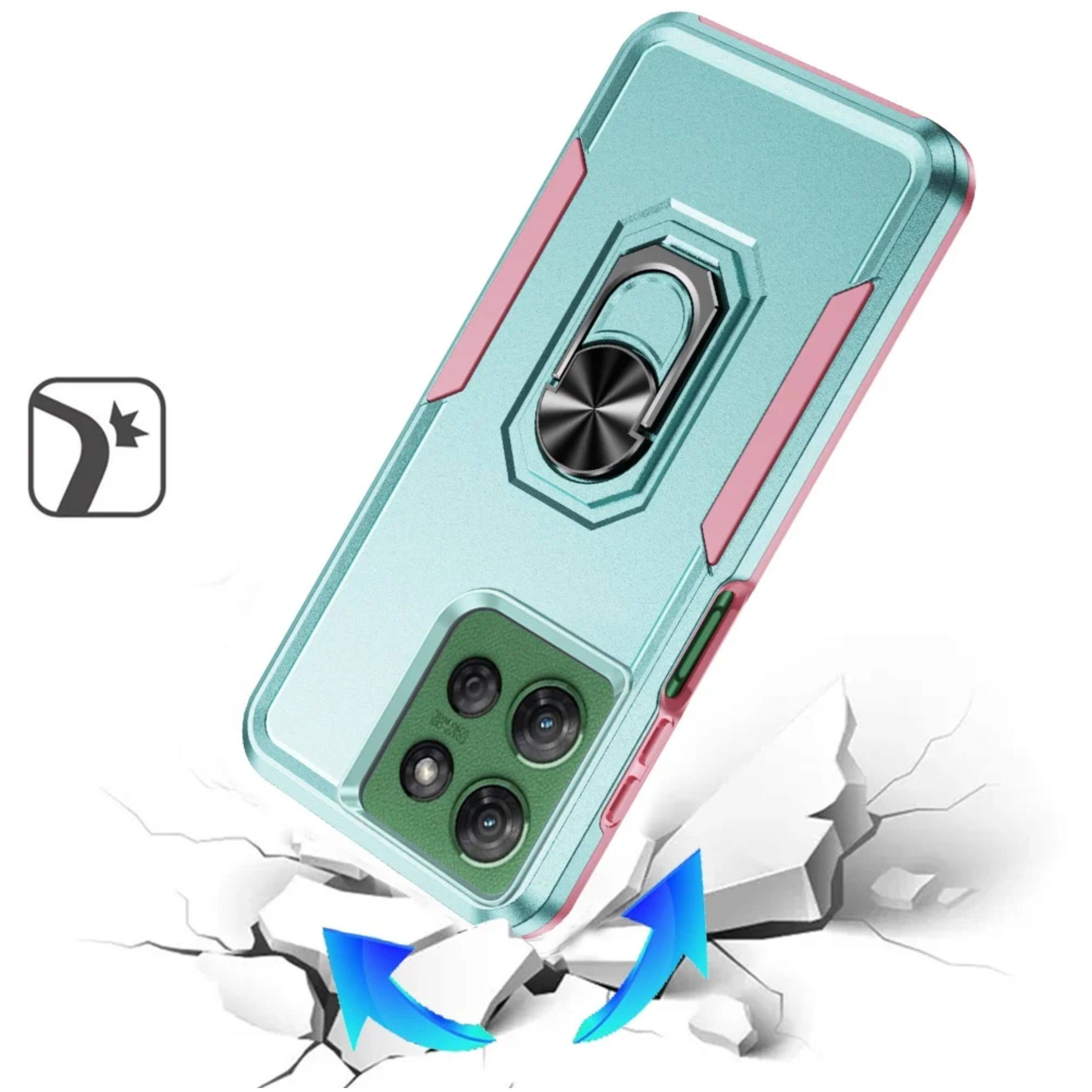 Left. Kitcheniva - Rugged Fused Metal Ring Stand Case With Tempered Glass For Moto G Power 2025/2026 Teal/Pink - Teal/Pink.