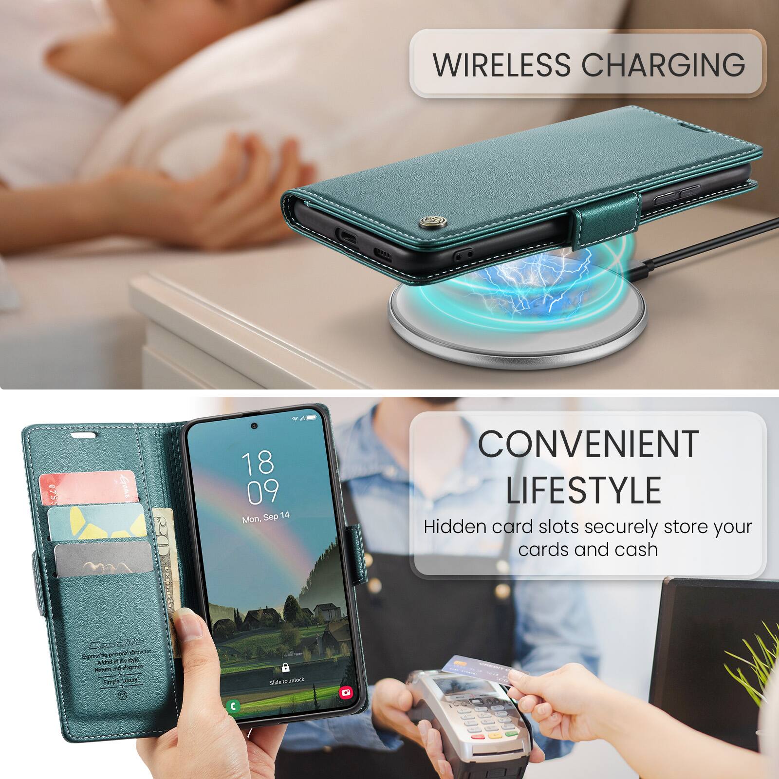 WIRELESS CHARGING

CONVENIENT LIFESTYLE
Hidden card slots securely store your cards and cash