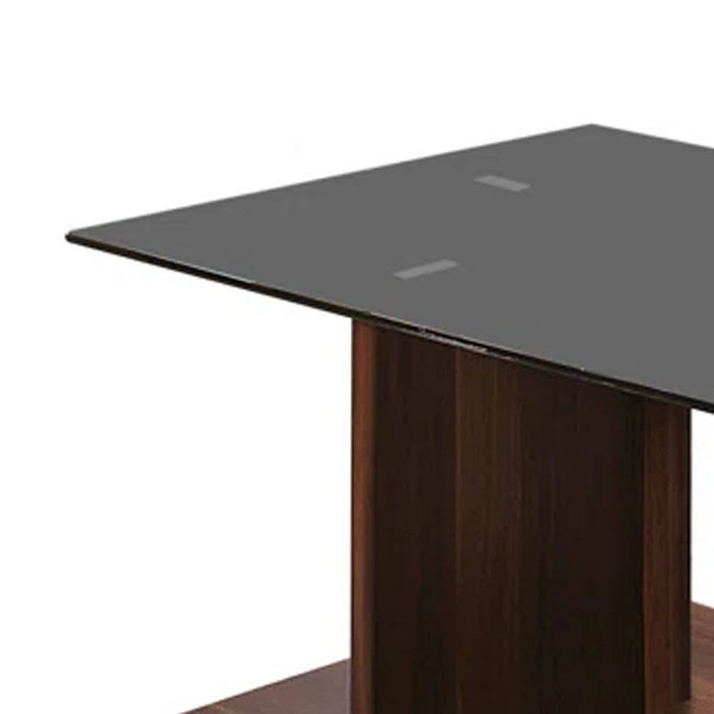 Alt View 1. Manhattan Lane - Liam 47 Inch Rectangular Coffee Table, Brown Wood, Pedestal Base, Glass Top - Brown, Black.