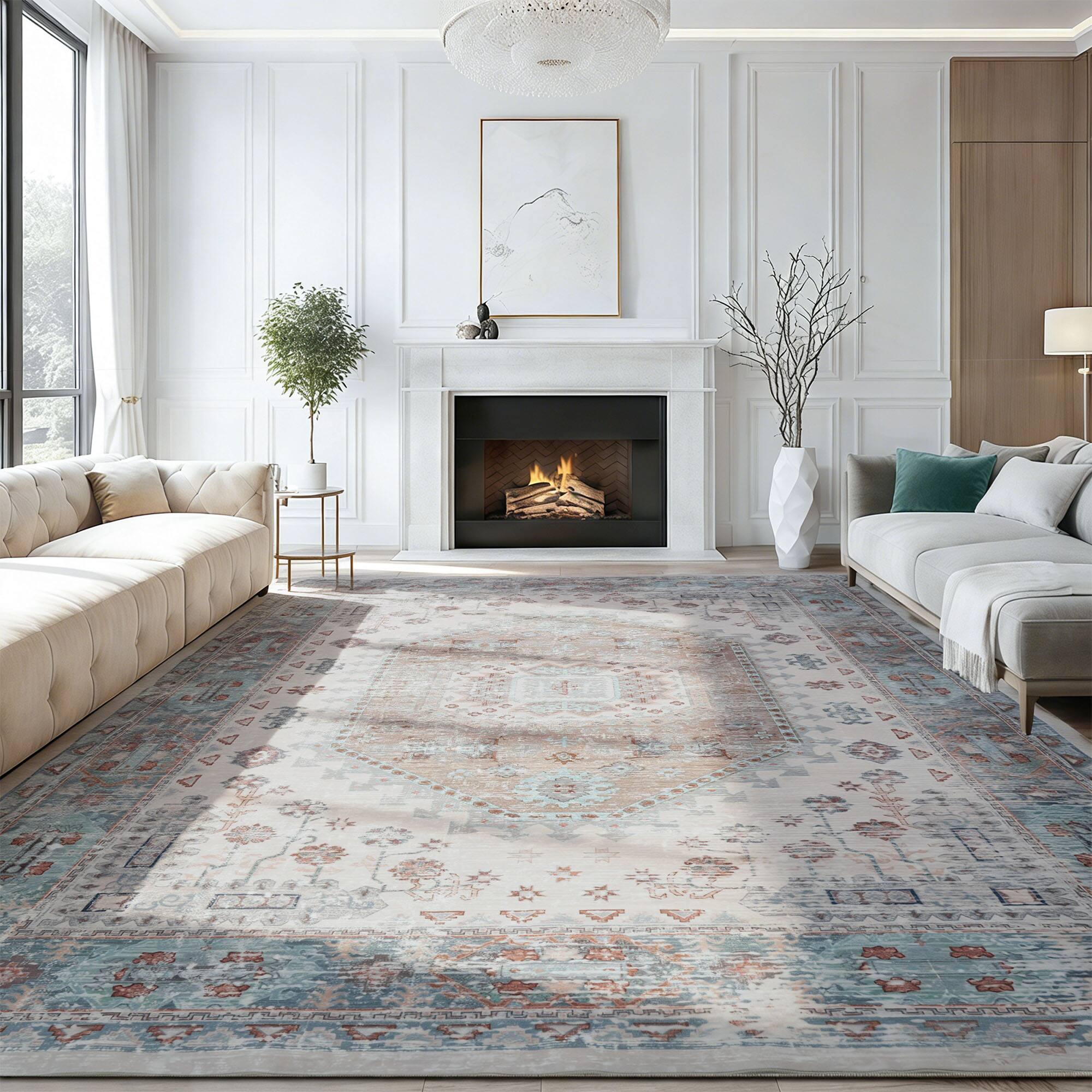 Angle. RYHNUYNE - Washable Rugs 9x12 Area Rugs for Living Room, Stain Resistant Thin Carpe, Turquoise Soft Rugs for Nursery Home Office - Turquoise.