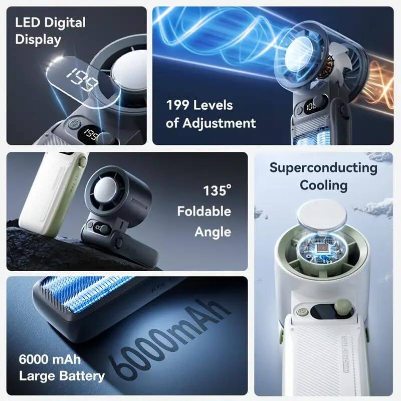 LED Digital Display  
199 Levels of Adjustment  
100  
Superconducting Cooling  
135° Foldable Angle  
6000 mAh Large Battery
