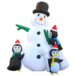 G128 - 8 ft Snowman with Three Penguins Inflatable Christmas Yard Decoration with LED Lights - White, Black, Green, Red, Yellow