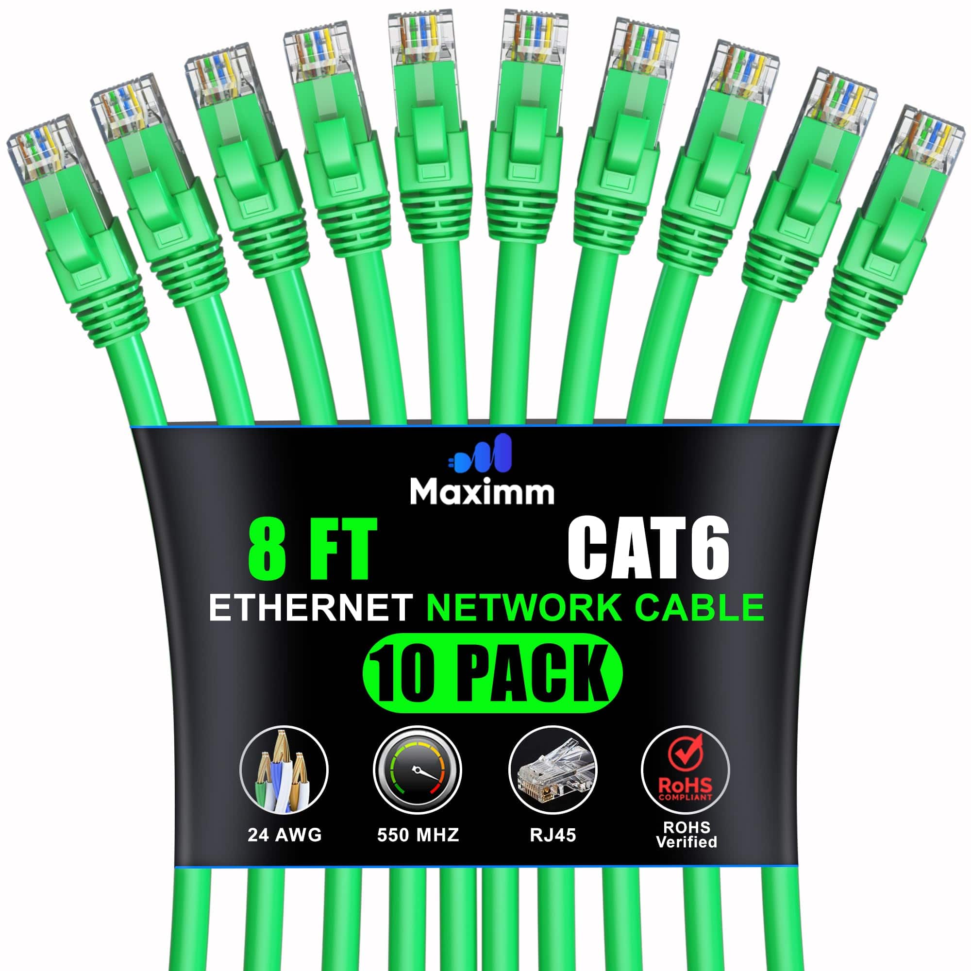Maximm - Cat 6 Ethernet Cable 8 ft (10-Pack) - UTP, 10Gbps, 550MHz