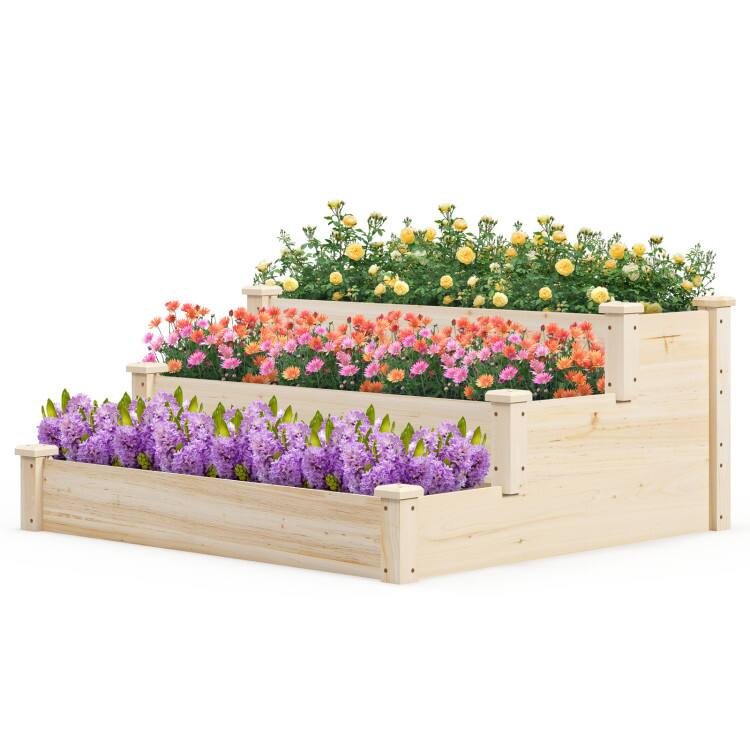 Alt View 3. Mondawe - 3 Tier Elevated Wooden Garden Bed for Vegetables Herbs and Flowers with Step Design - Light/Pastel Brown.