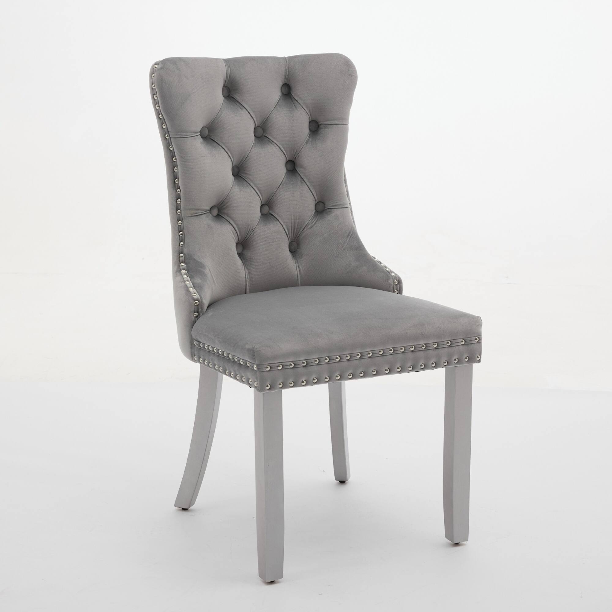 Left. GOODSILO - Modern High-End Tufted Velvet Upholstered Dining Chairs with Solid Wood Legs and Nailhead Trim, Set of 2 - Light Gray.