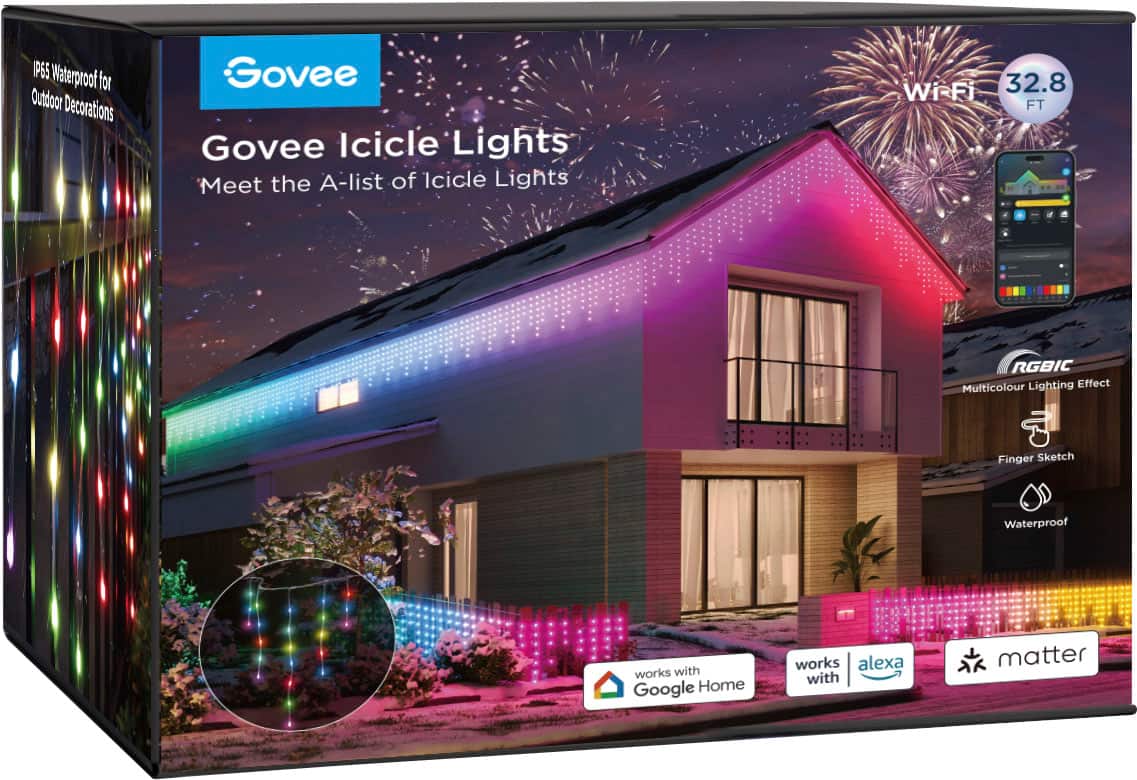 Govee Icicle Lights are waterproof and IP65 rated, making them suitable for outdoor decorations. These lights are known for their Wi-Fi connectivity and can be controlled using a smartphone app or by connecting them to Google Home or Alexa with the Matter feature. The lights offer a 32.8-foot range of RGBIC multicolor lighting effects, and they can be easily set up with the help of a finger sketch.