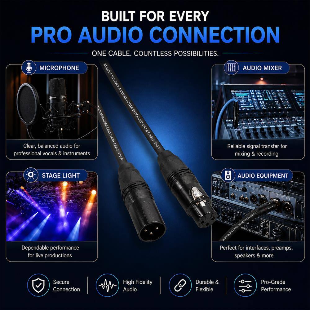 BUILT FOR EVERY PRO AUDIO CONNECTION  
ONE CABLE. COUNTLESS POSSIBILITIES.  

MICROPHONE  
Clear, balanced audio for professional vocals & instruments  

AUDIO MIXER  
Reliable signal transfer for mixing & recording  

STAGE LIGHT  
Dependable performance for live productions  

AUDIO EQUIPMENT  
Perfect for interfaces, preamps, speakers & more  

Secure Connection  
High Fidelity Audio  
Durable & Flexible  
Pro-Grade Performance