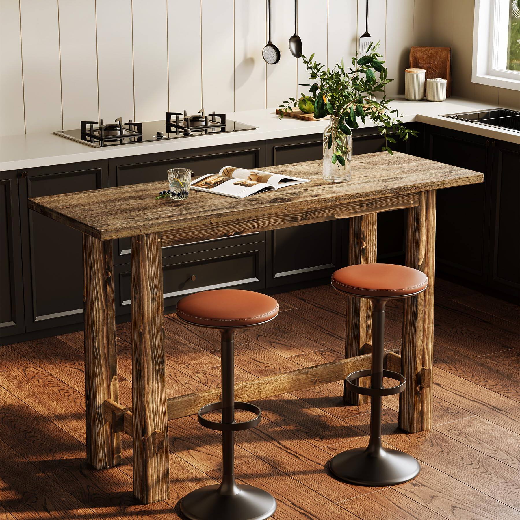 Back. Tribesigns - 63-Inch Bar Table with Solid Wood Construction and Raised Countertop for Kitchen or Home Bar - Rustic Brown.