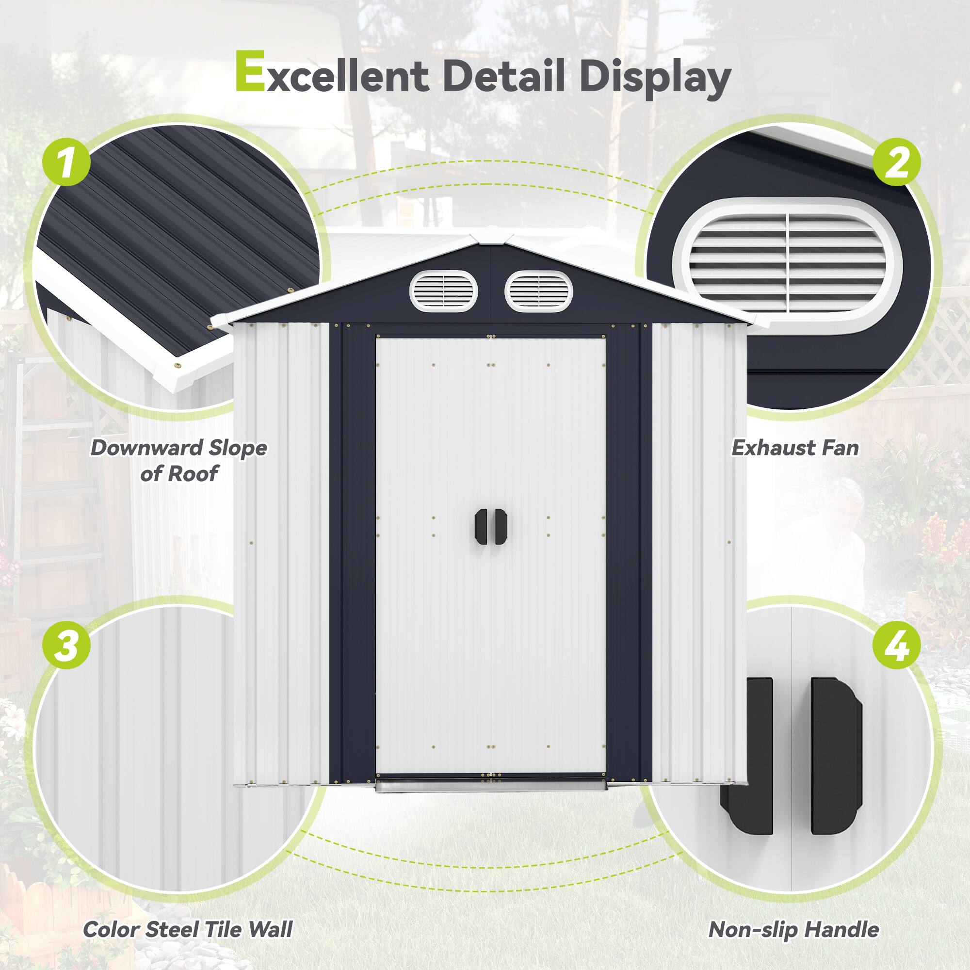 Excellent Detail Display

1. Downward Slope of Roof
2. Exhaust Fan
3. Color Steel Tile Wall
4. Non-slip Handle